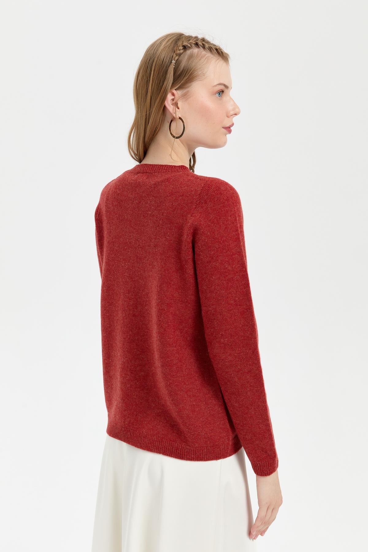 23163Kadın Sıfır Yaka Klasik Yün Kazak Kiremit