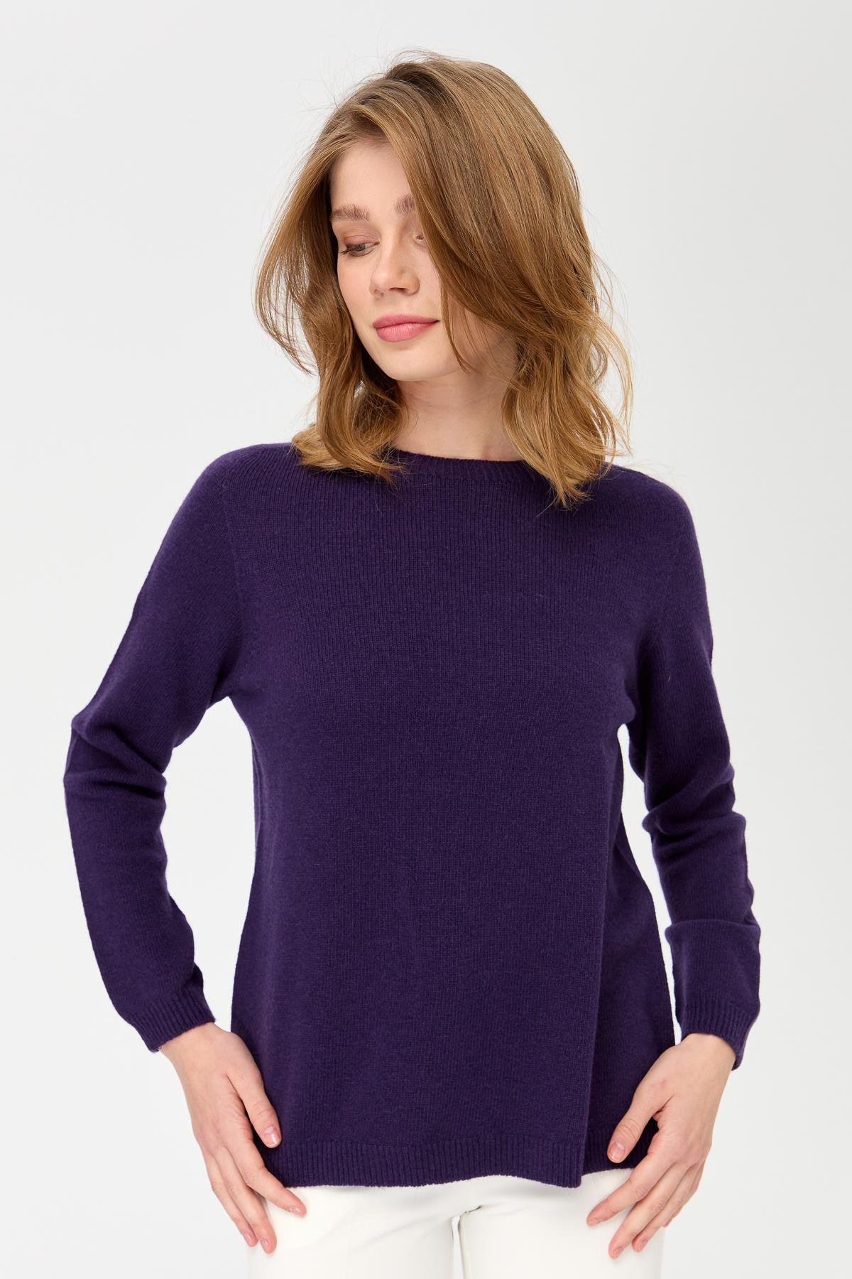 23163Kadın Sıfır Yaka Klasik Yün Kazak K.Mor