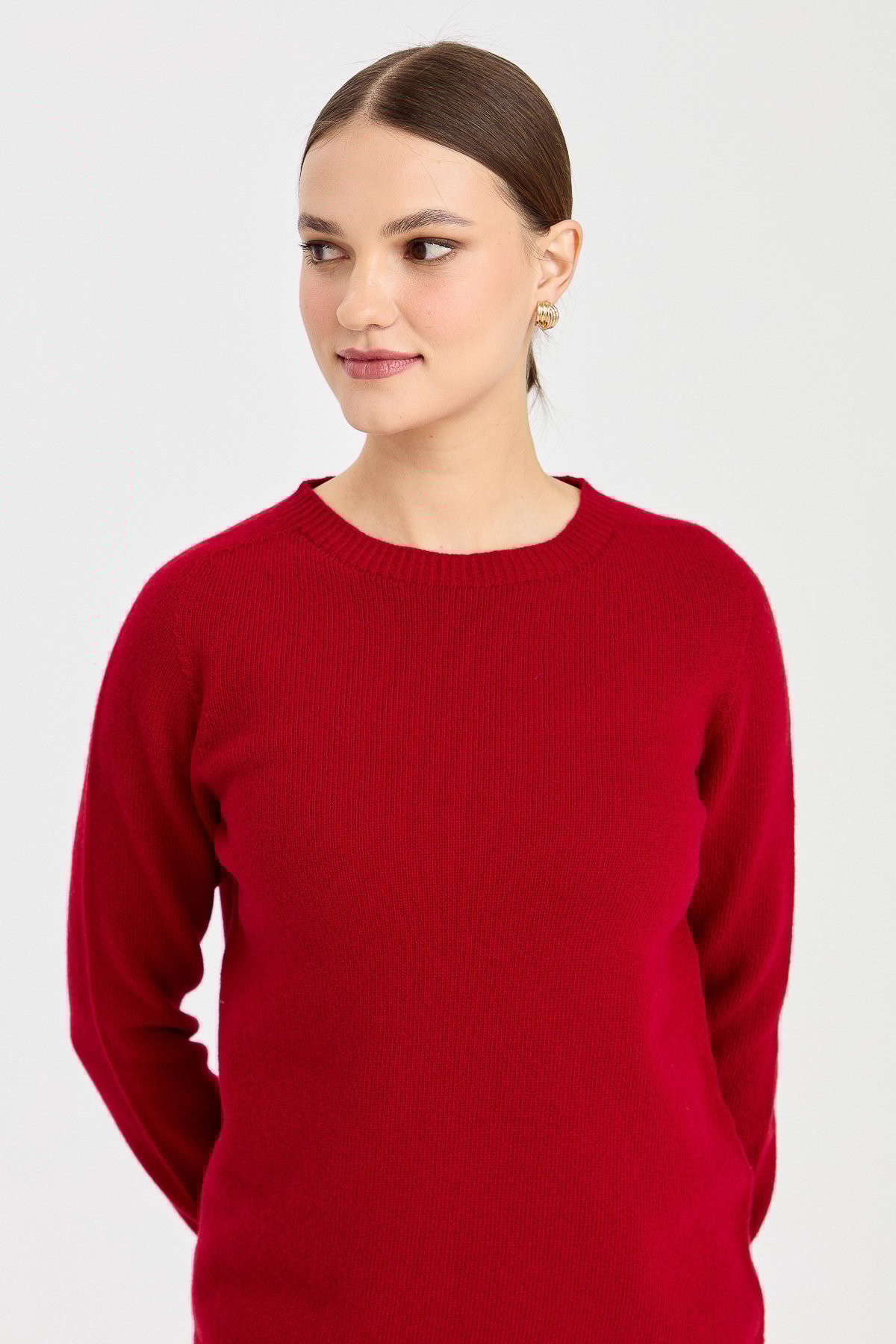 23163Kadın Sıfır Yaka Klasik Yün Kazak K.Kırmızı