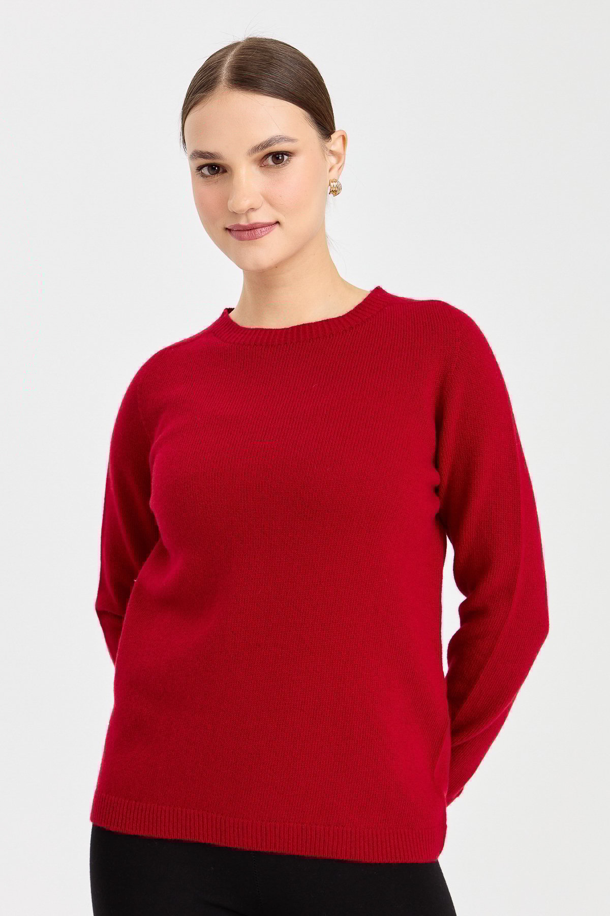 23163Kadın Sıfır Yaka Klasik Yün Kazak K.Kırmızı
