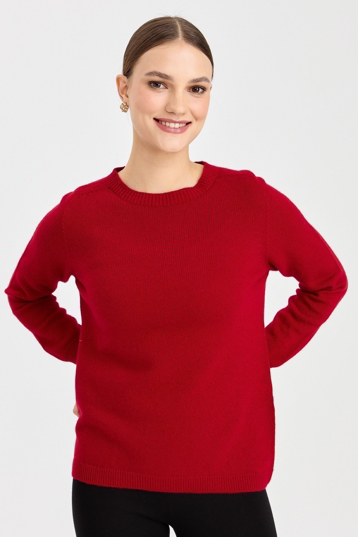 23163Kadın Sıfır Yaka Klasik Yün Kazak K.Kırmızı