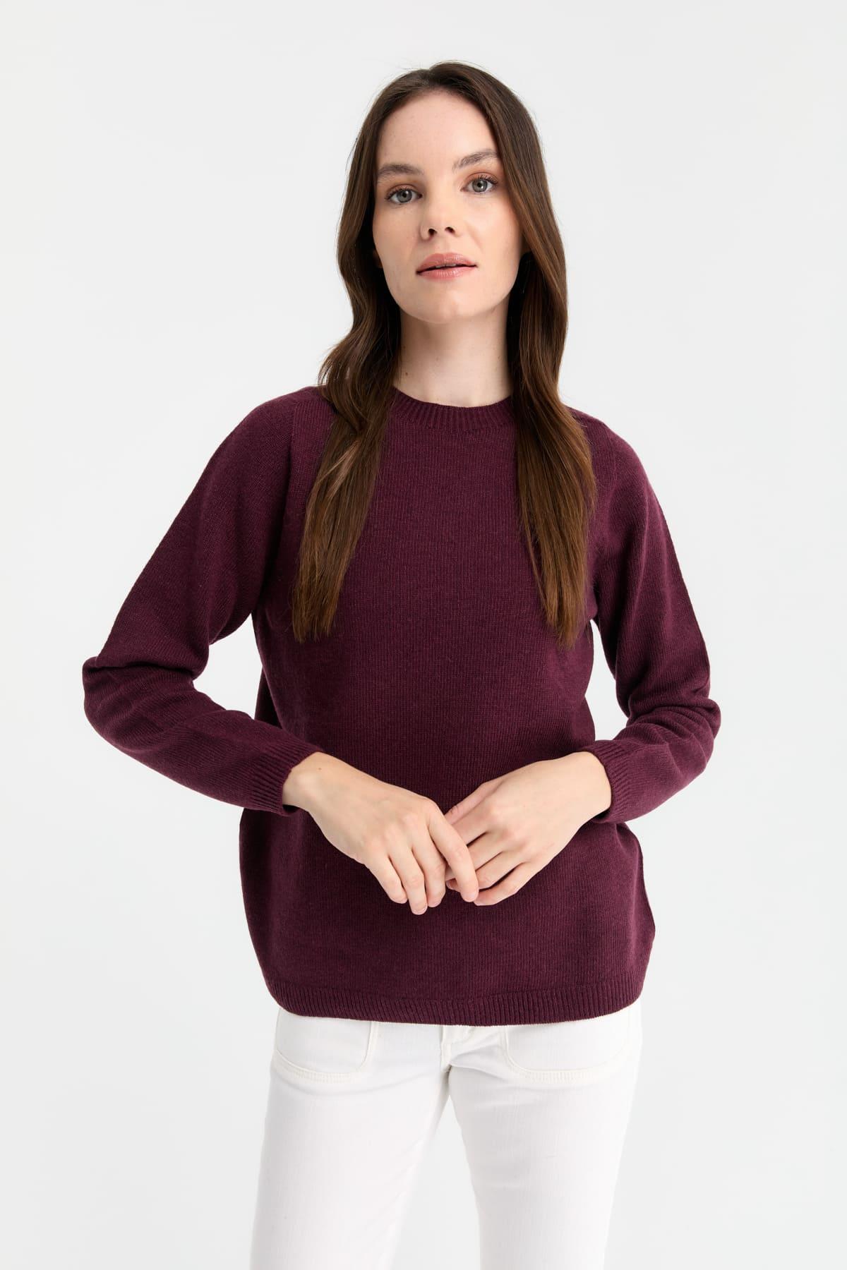 23163Kadın Sıfır Yaka Klasik Yün Kazak K.Mürdüm