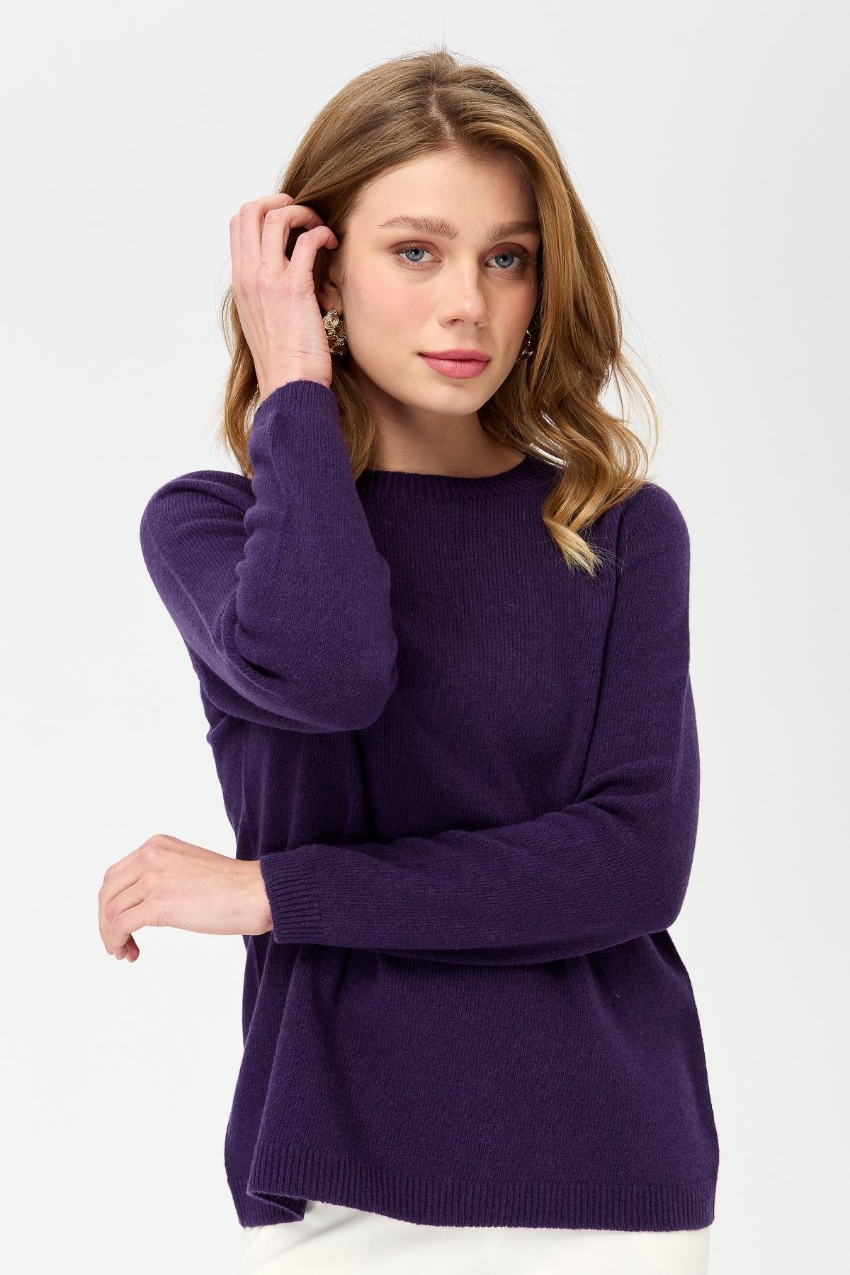 23163Kadın Sıfır Yaka Klasik Yün Kazak K.Mor