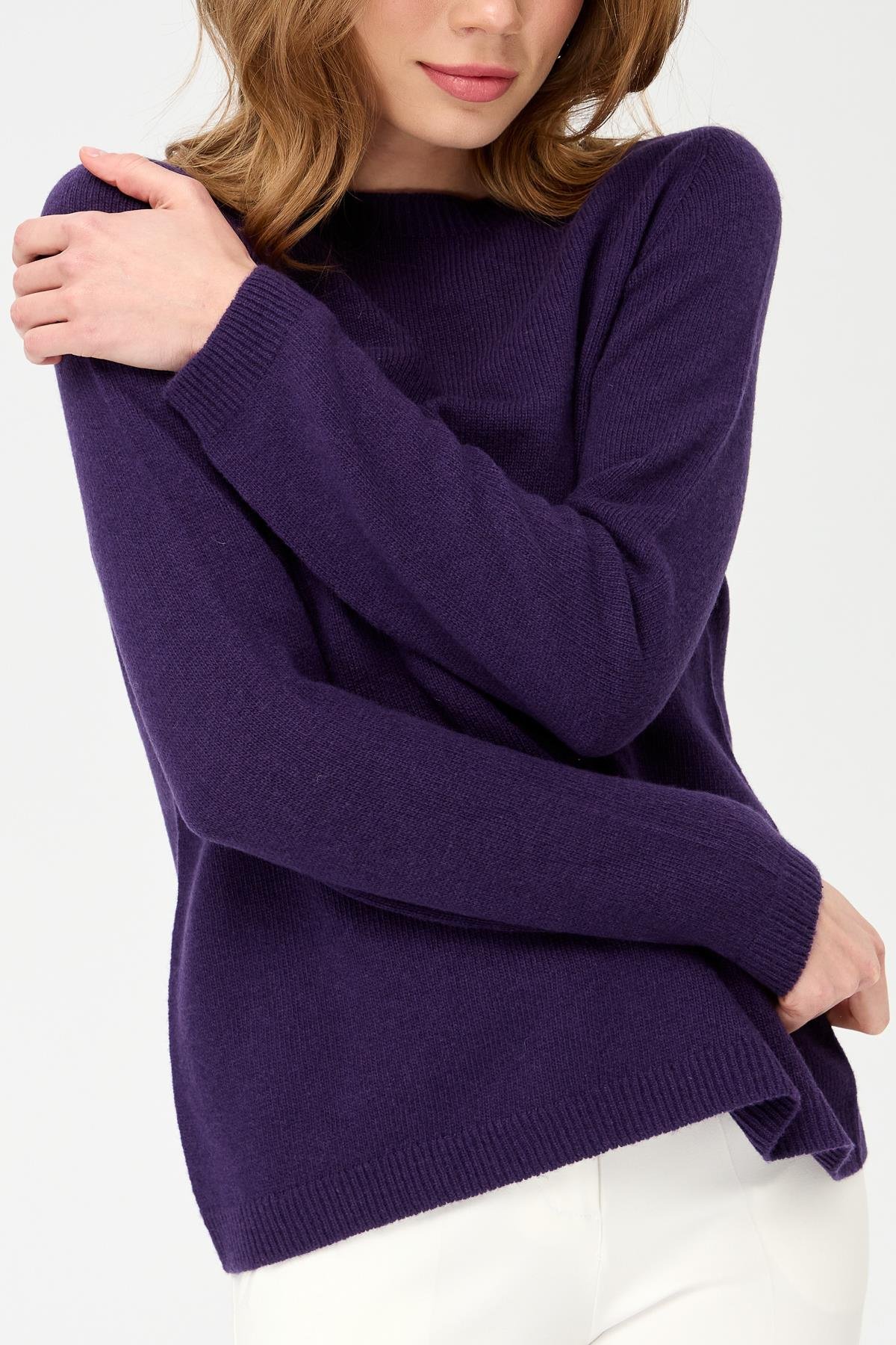 23163Kadın Sıfır Yaka Klasik Yün Kazak K.Mor