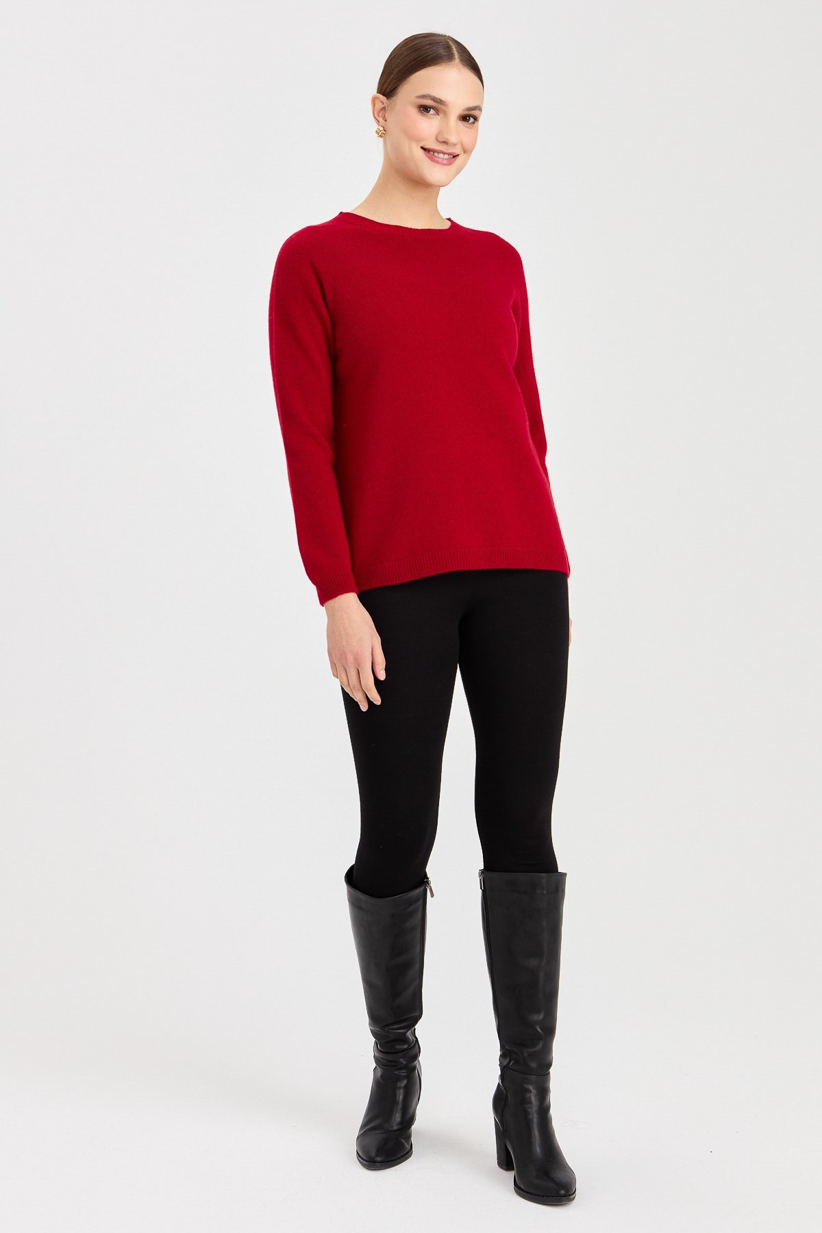 23163Kadın Sıfır Yaka Klasik Yün Kazak K.Kırmızı