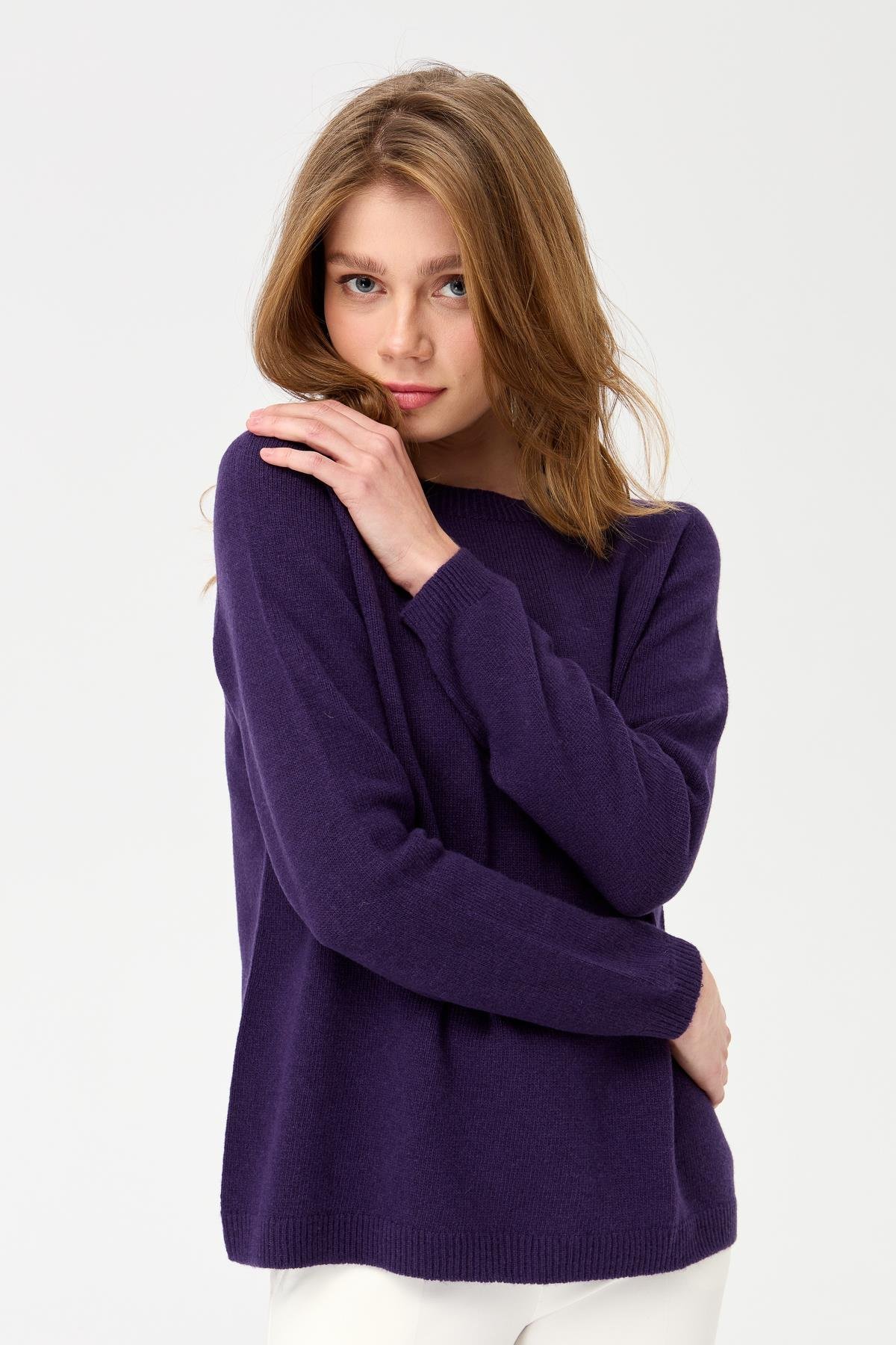 23163Kadın Sıfır Yaka Klasik Yün Kazak K.Mor
