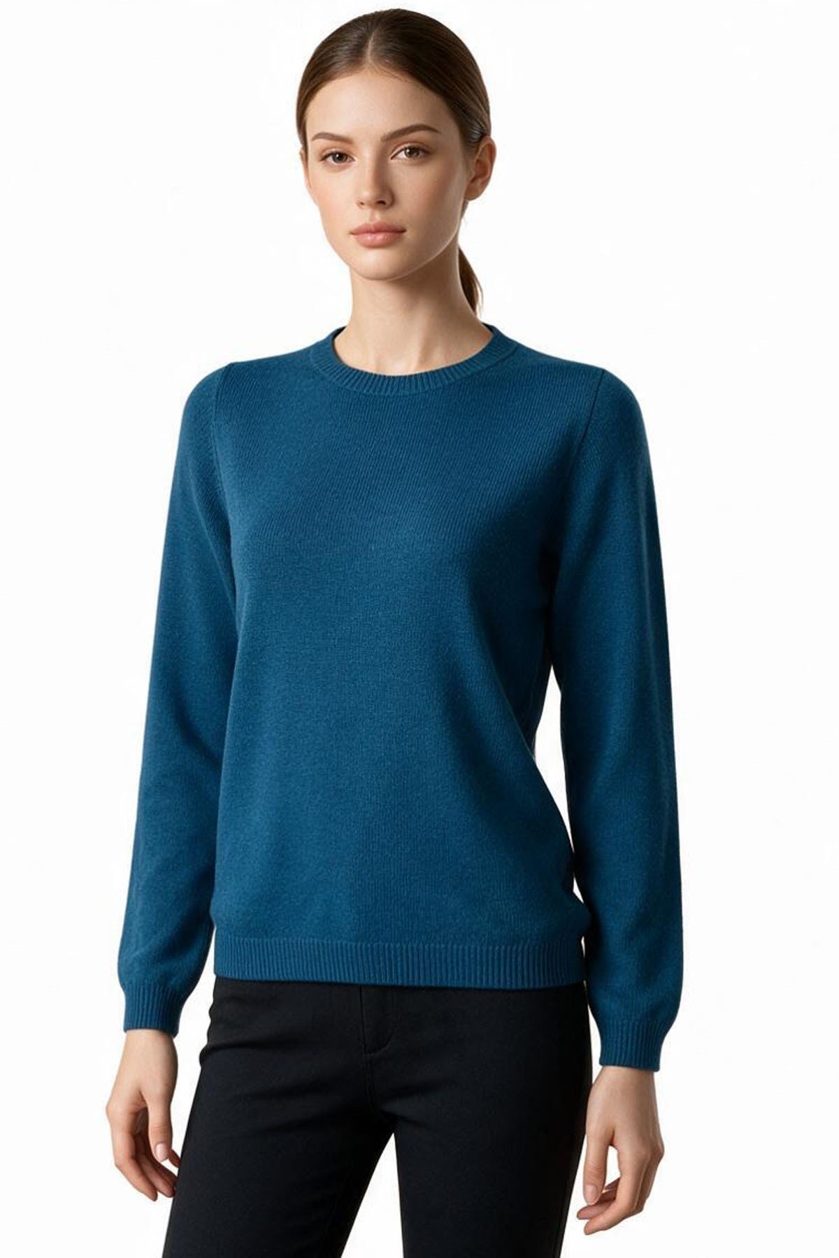 23163Women's Crew Neck Classic Wool Sweater K.Blue