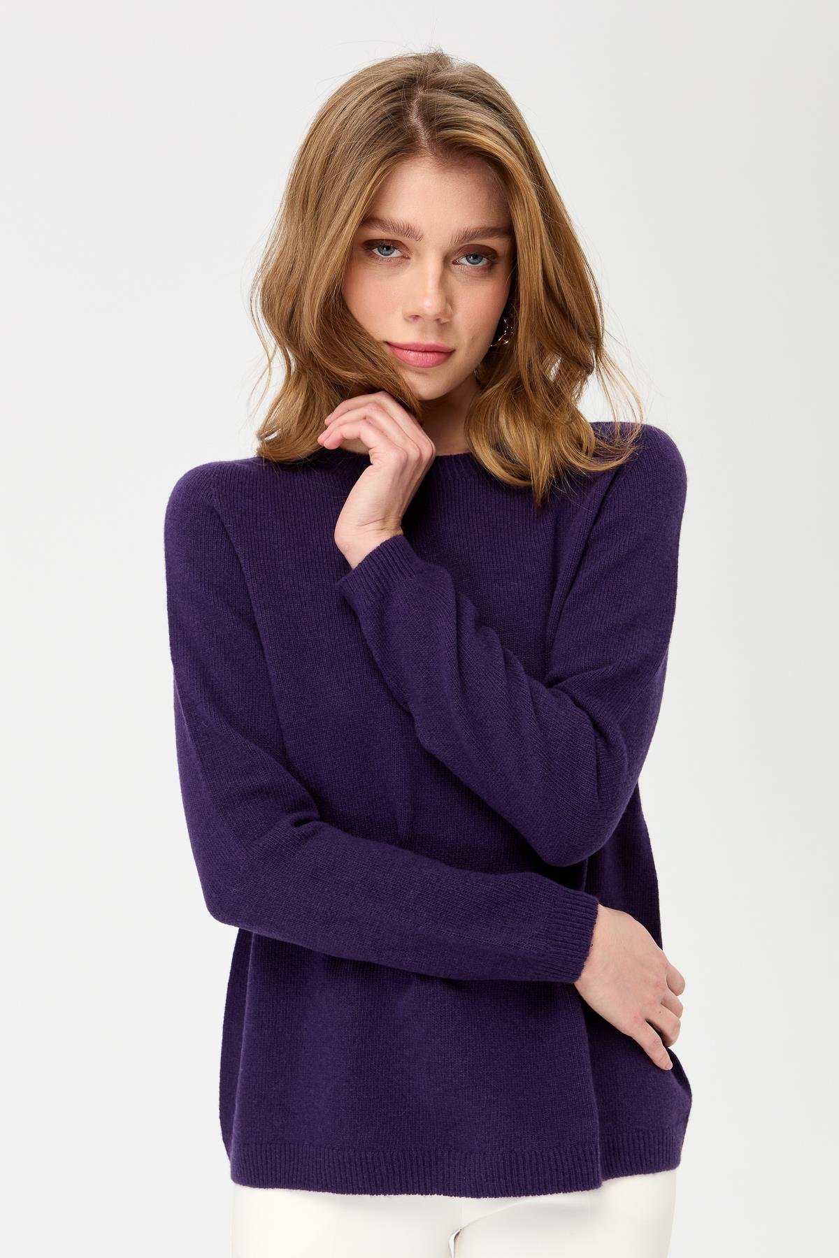 23163Kadın Sıfır Yaka Klasik Yün Kazak K.Mor