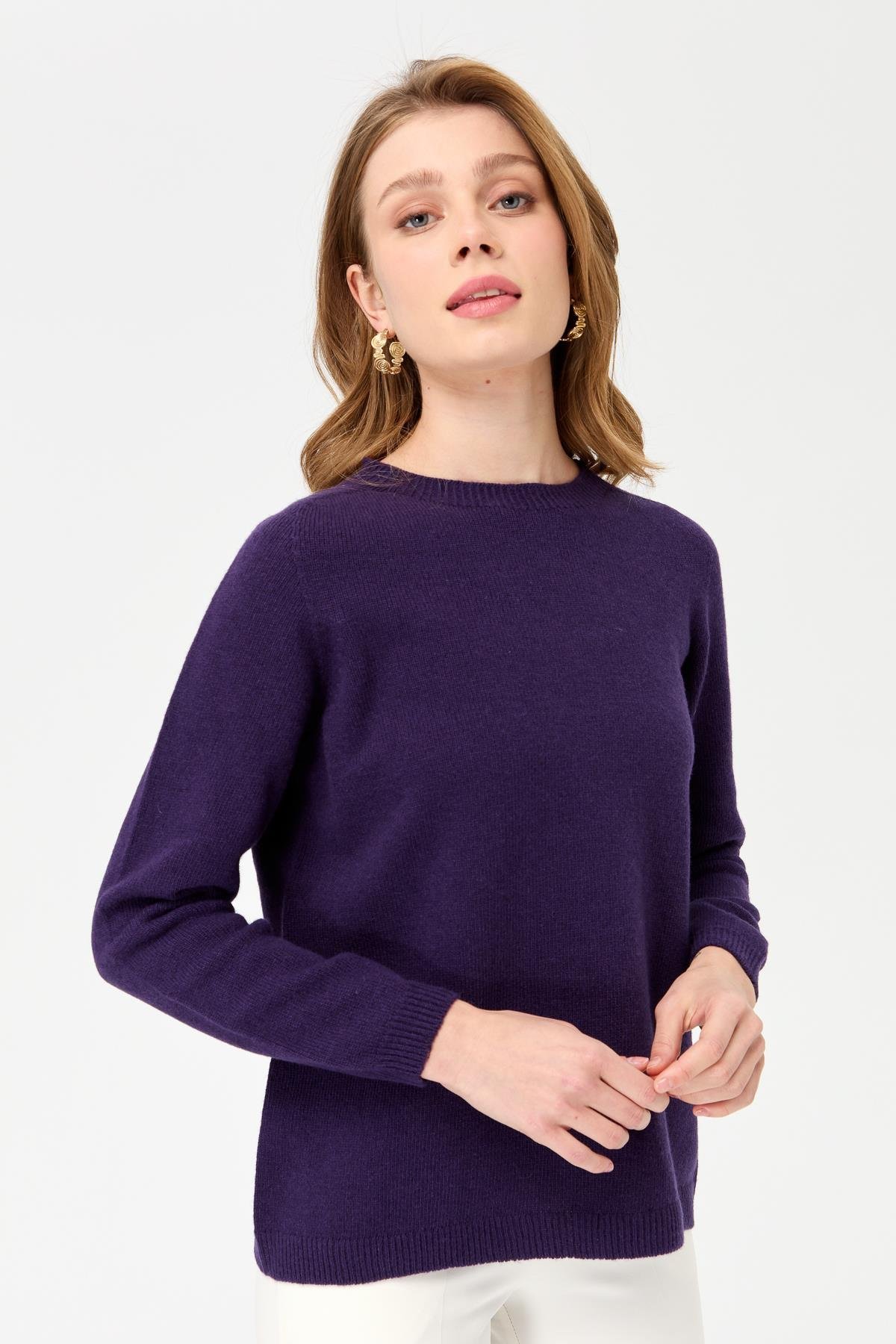 23163Kadın Sıfır Yaka Klasik Yün Kazak K.Mor