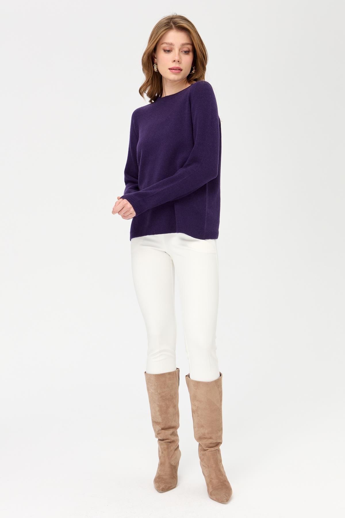 23163Kadın Sıfır Yaka Klasik Yün Kazak K.Mor