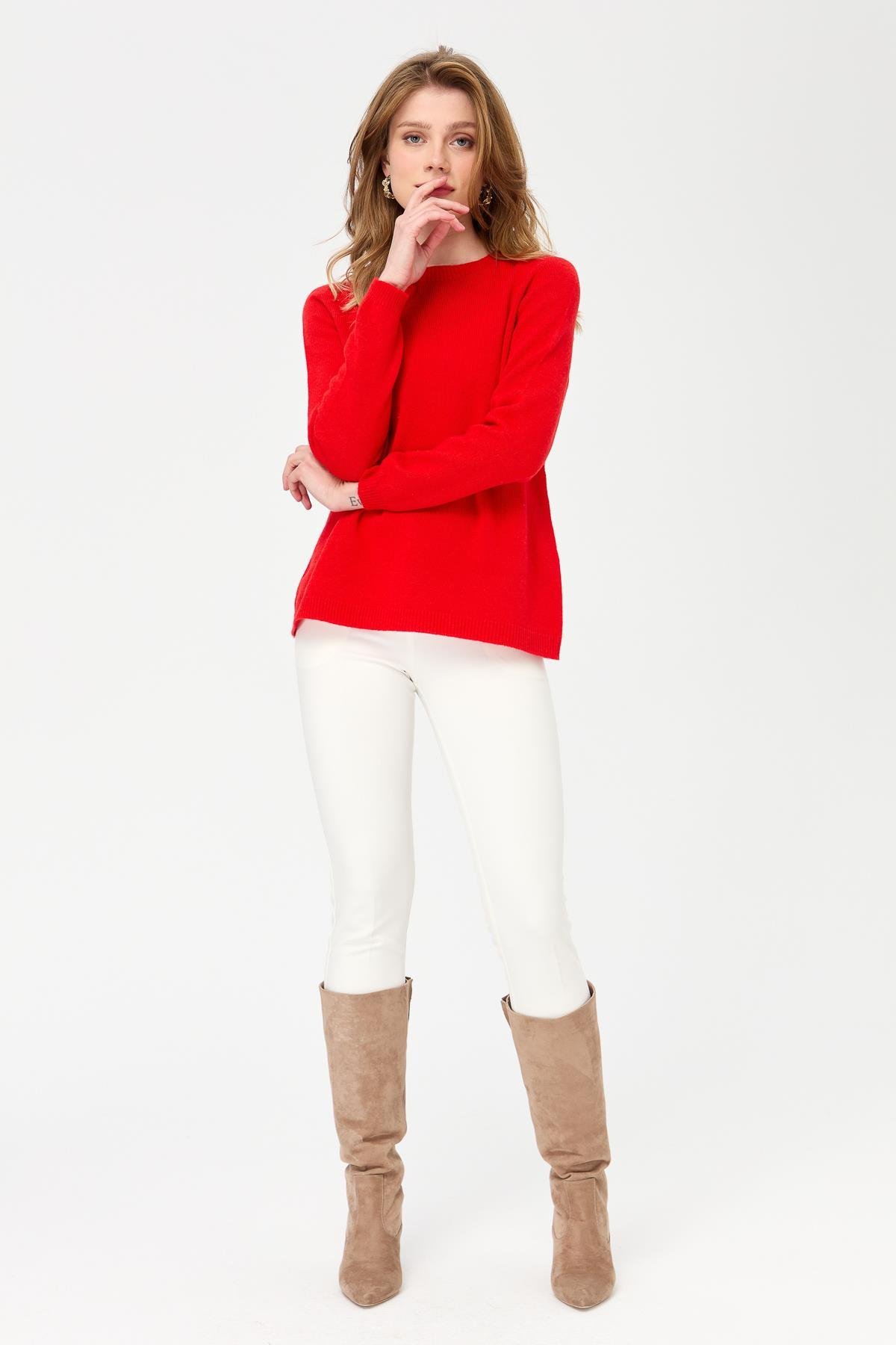 23163Kadın Sıfır Yaka Klasik Yün Kazak Mercan