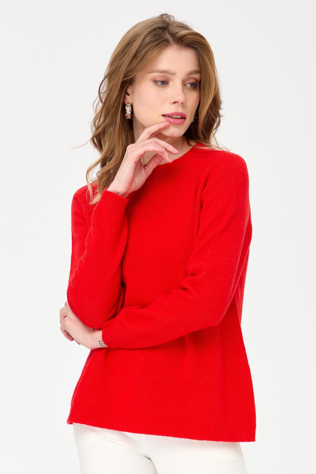 23163Kadın Sıfır Yaka Klasik Yün Kazak Mercan