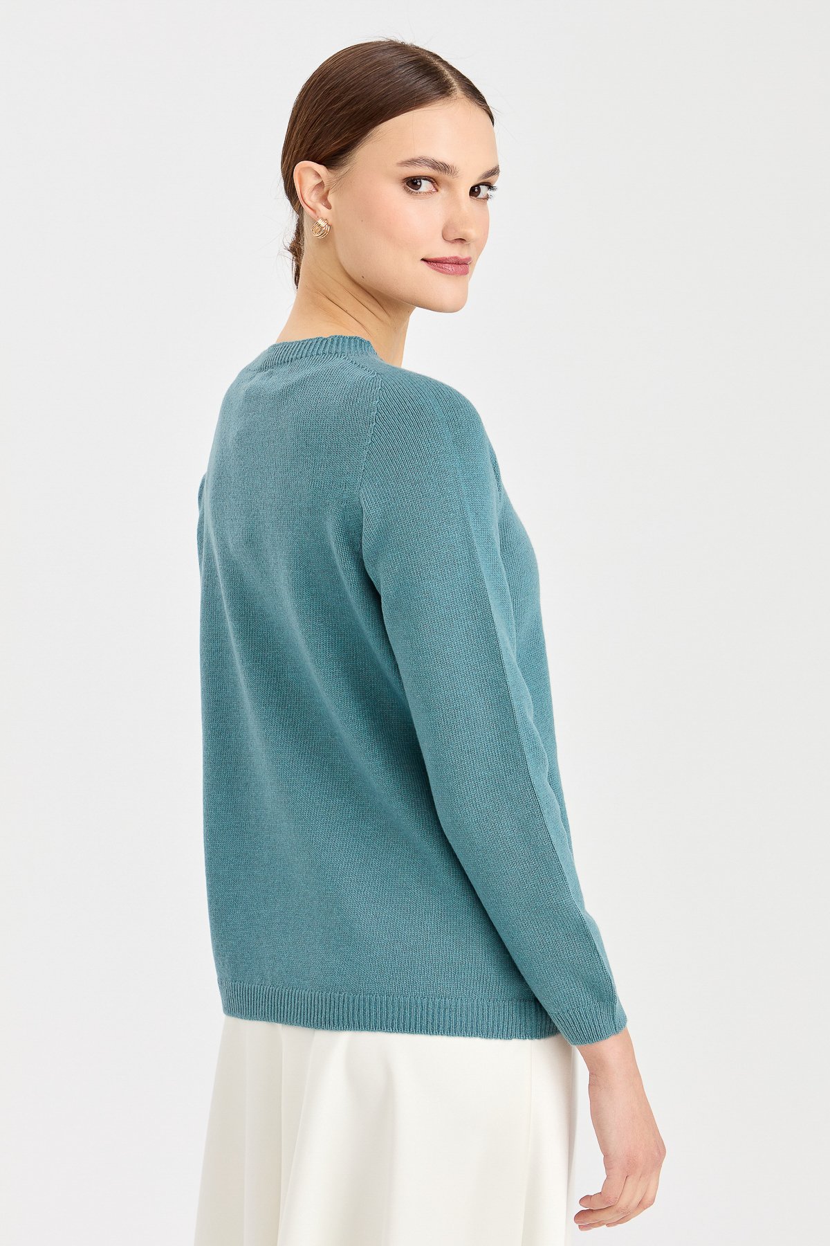 23163Kadın Sıfır Yaka Klasik Yün Kazak M.Yeşili