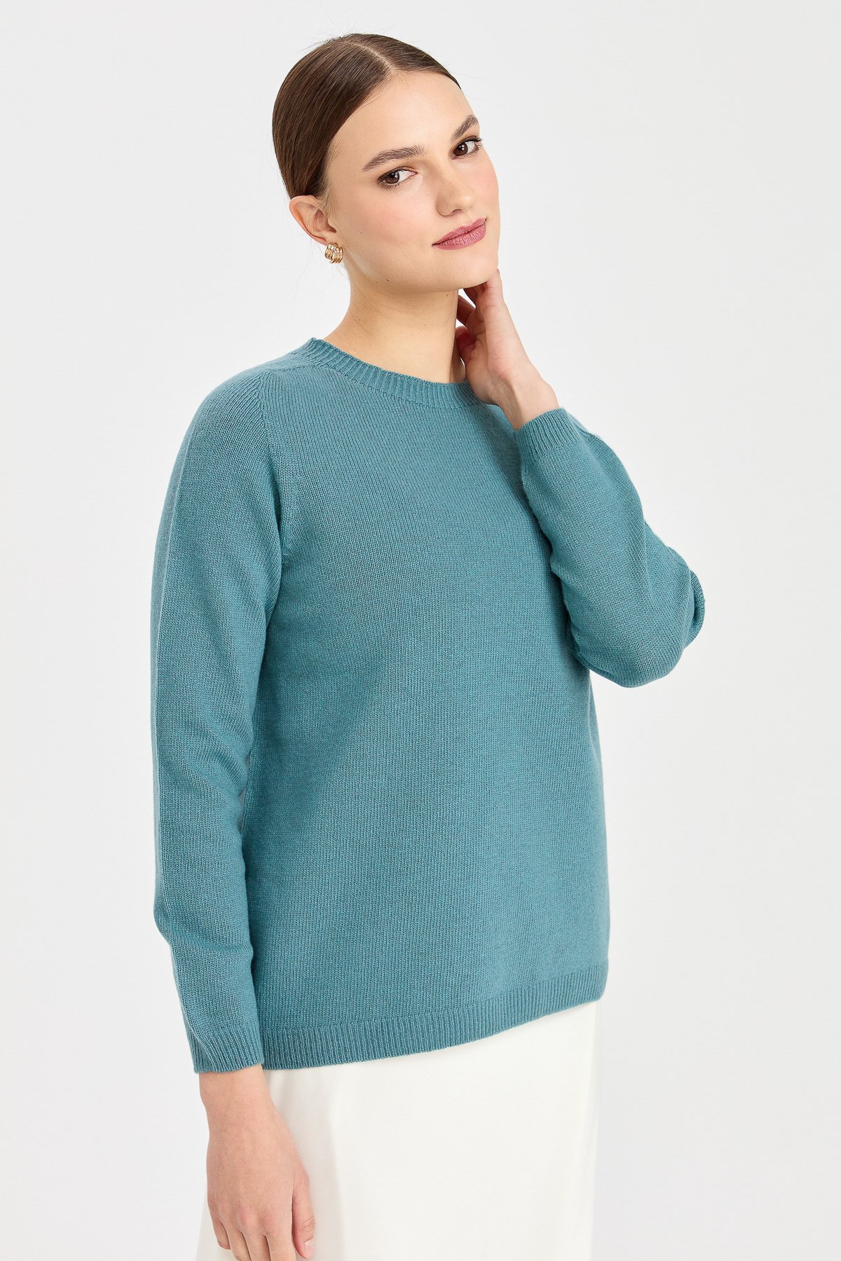 23163Kadın Sıfır Yaka Klasik Yün Kazak M.Yeşili