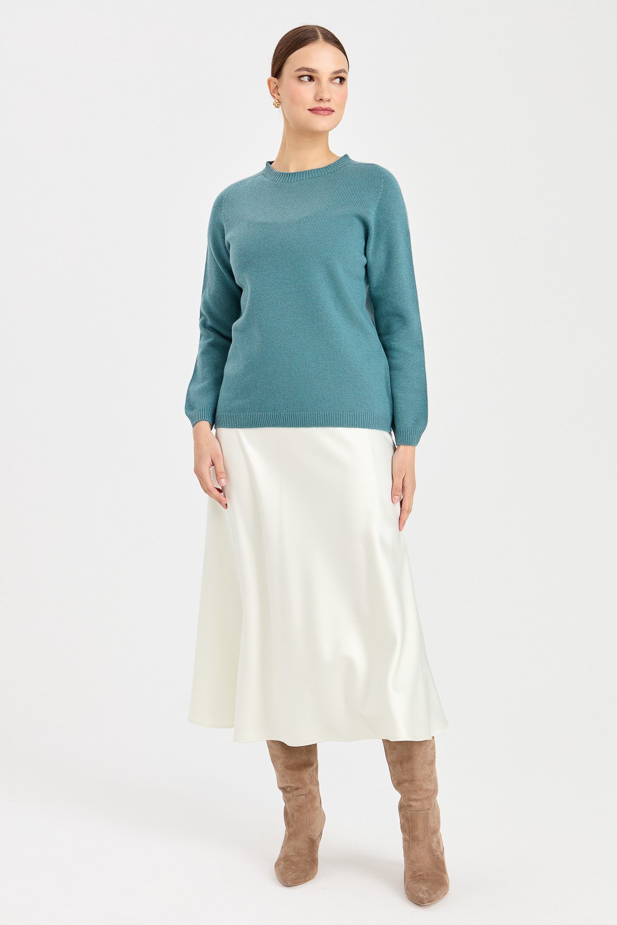 23163Kadın Sıfır Yaka Klasik Yün Kazak M.Yeşili