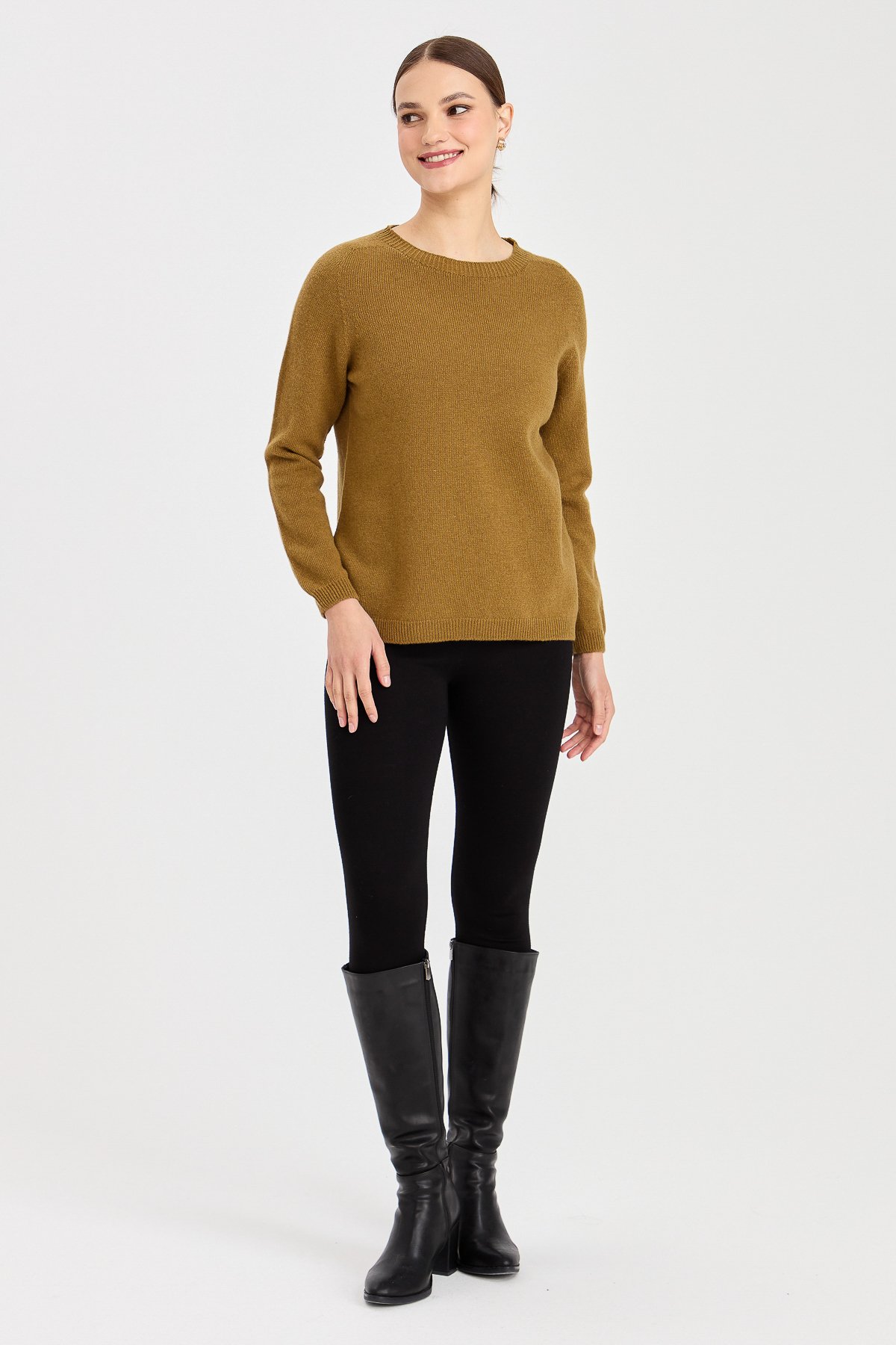 23163Kadın Sıfır Yaka Klasik Yün Kazak O.Haki