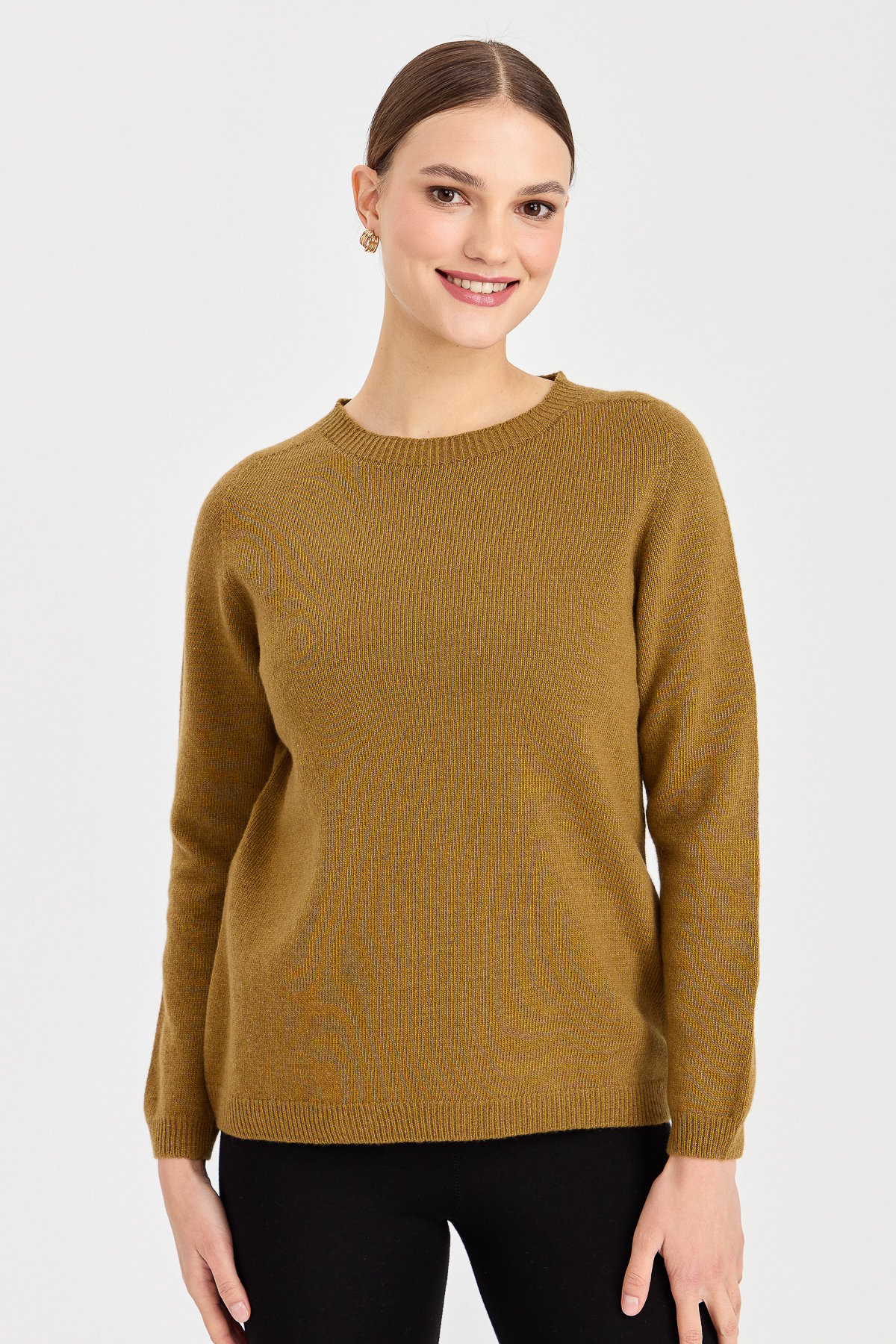 23163Kadın Sıfır Yaka Klasik Yün Kazak O.Haki