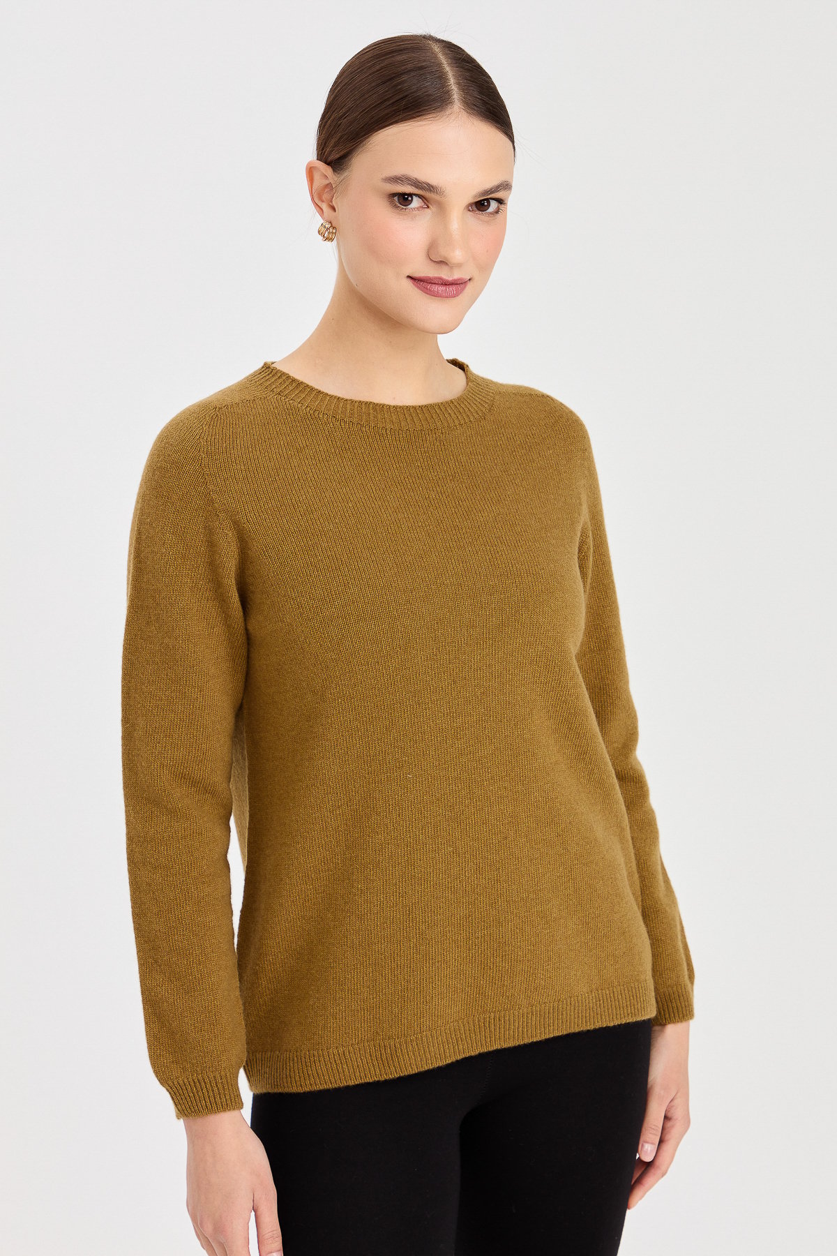 23163Kadın Sıfır Yaka Klasik Yün Kazak O.Haki