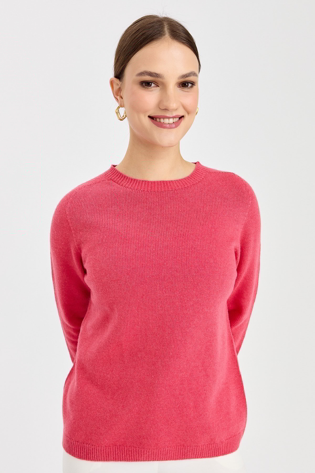 23163Kadın Sıfır Yaka Klasik Yün Kazak Y.Ş.Pembe
