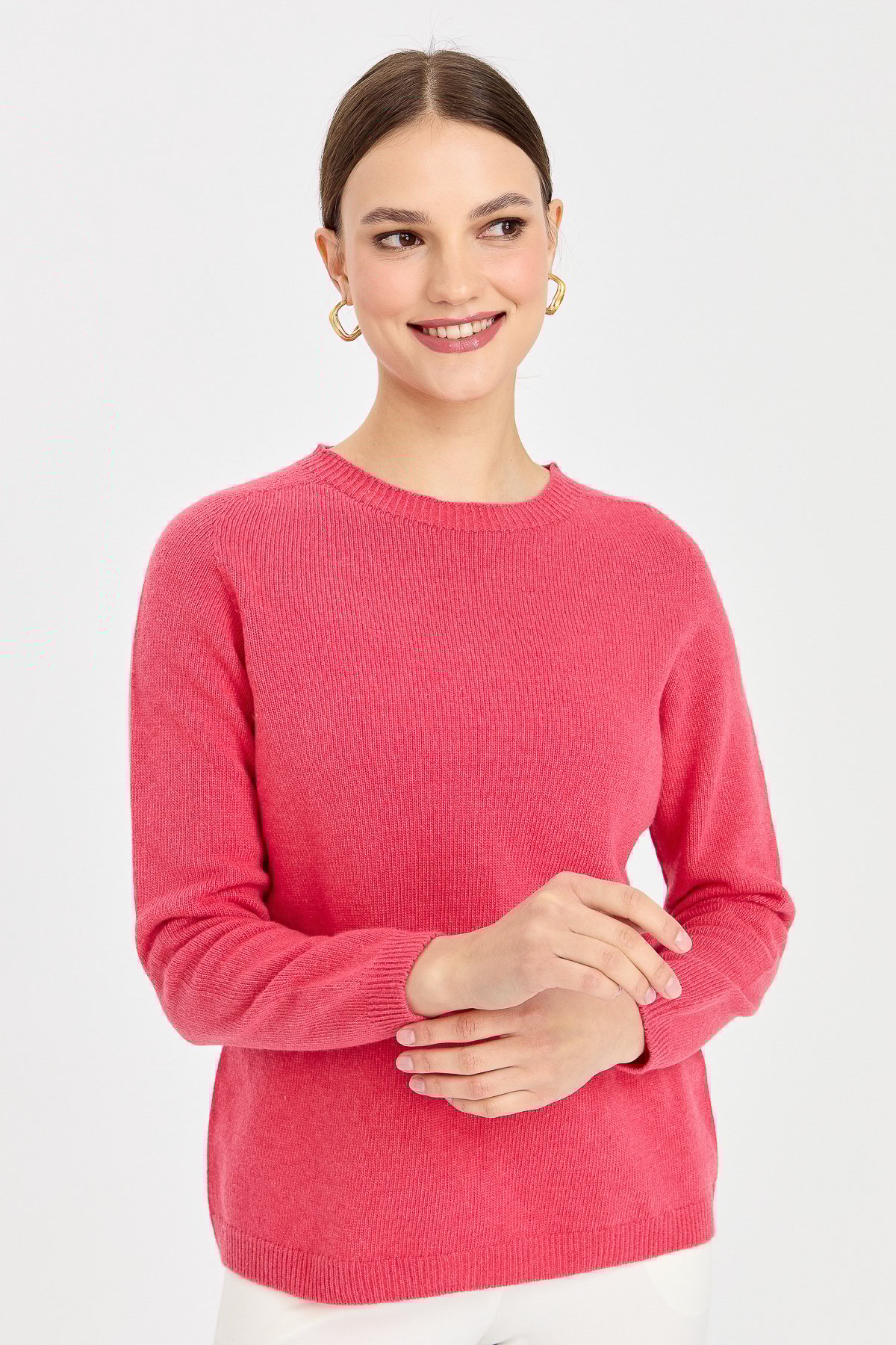 23163Kadın Sıfır Yaka Klasik Yün Kazak Y.Ş.Pembe