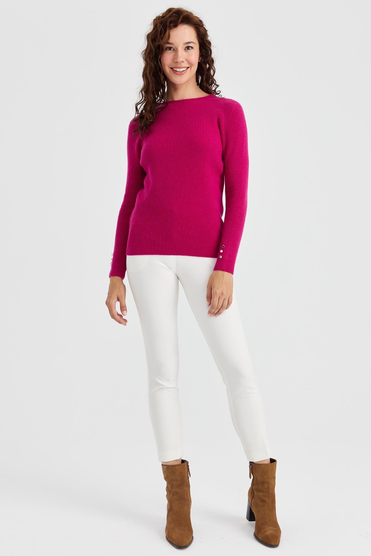 23158Kadın Sıfır Yaka Kol Ucu Düğmeli Yün Kazak Sıklamen