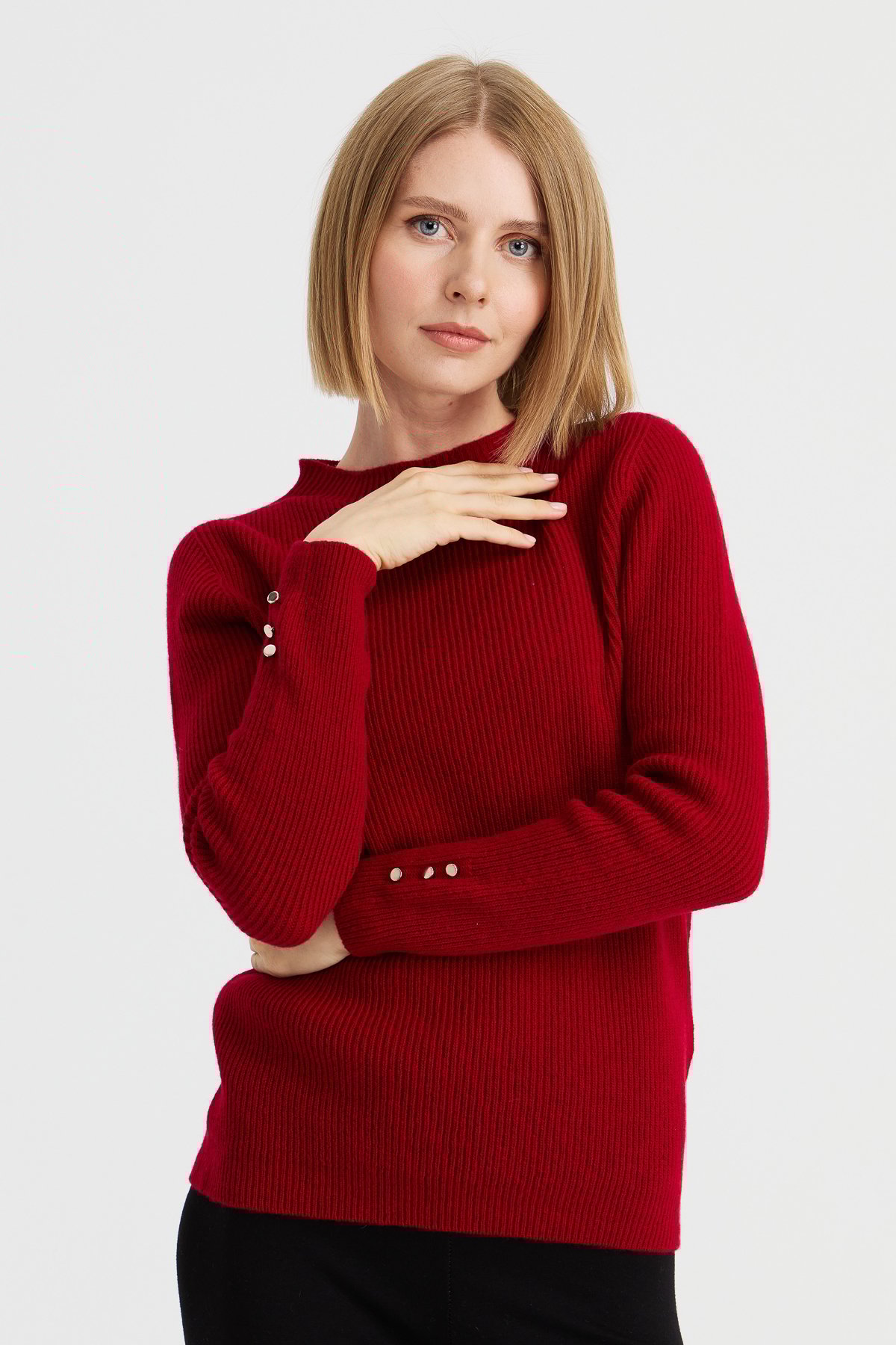 23158Kadın Sıfır Yaka Kol Ucu Düğmeli Yün Kazak K.Kırmızı