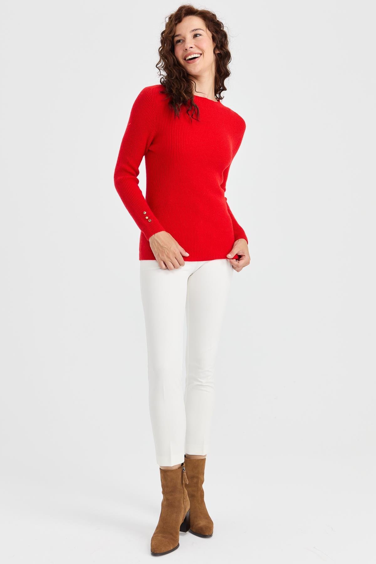 23158Kadın Sıfır Yaka Kol Ucu Düğmeli Yün Kazak Mercan