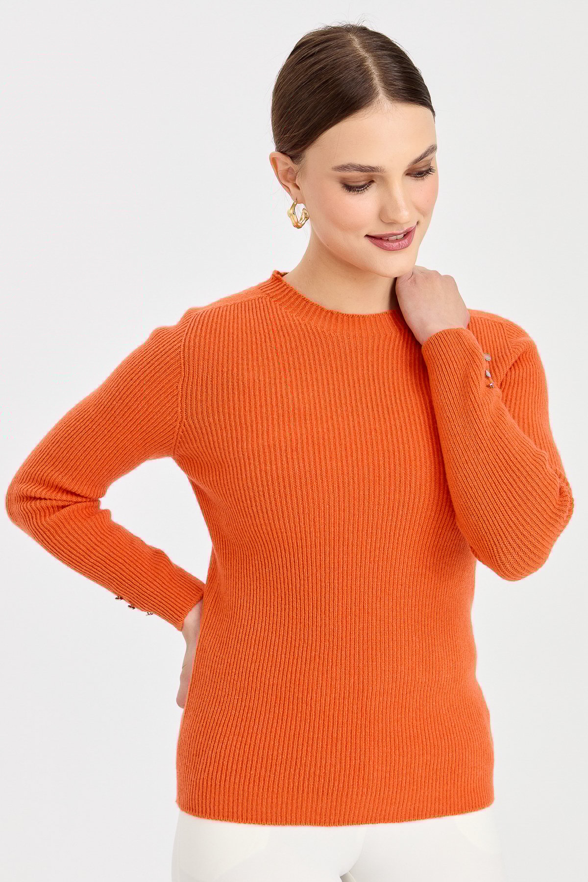 23158Kadın Sıfır Yaka Kol Ucu Düğmeli Yün Kazak Portakal