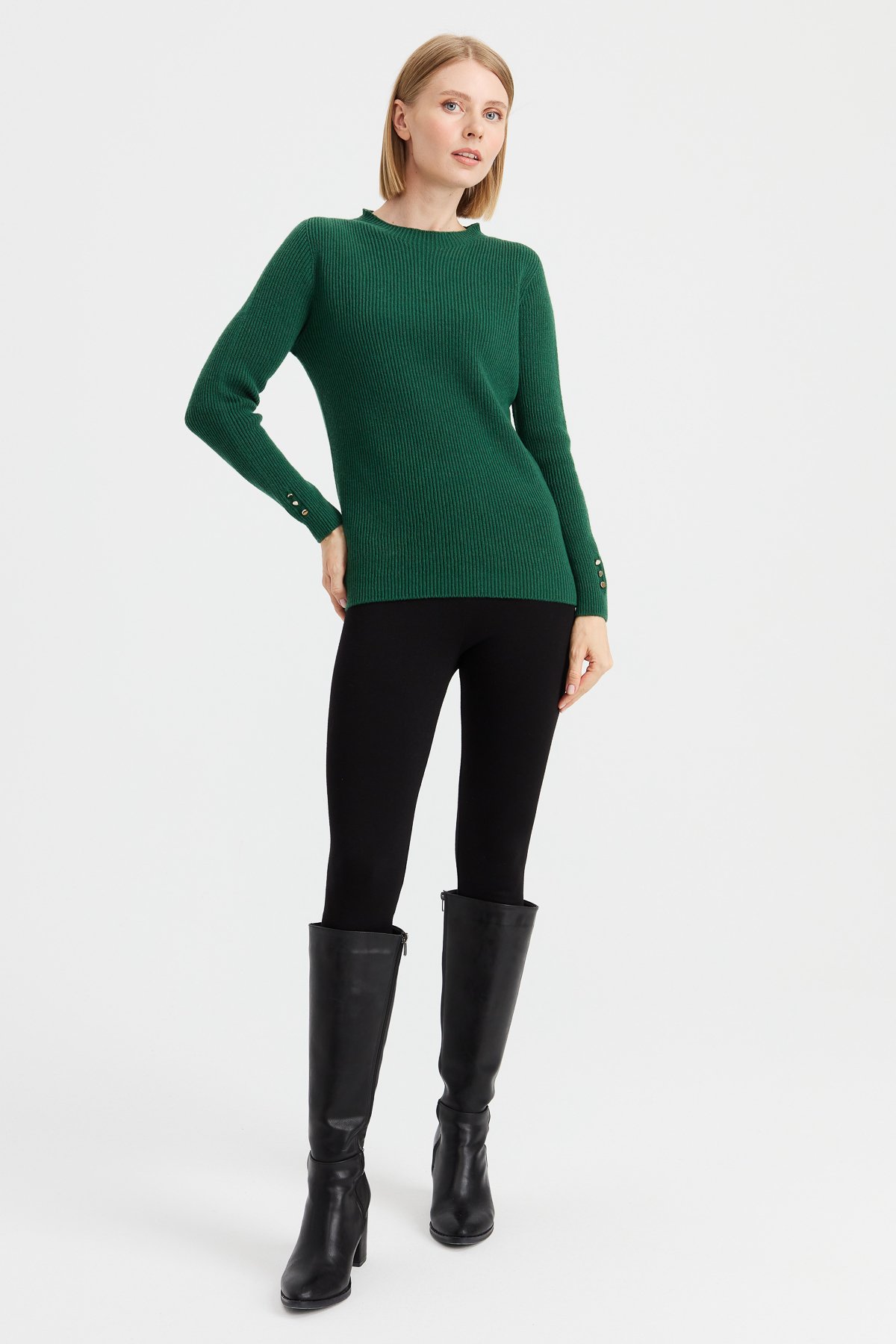 23158Kadın Sıfır Yaka Kol Ucu Düğmeli Yün Kazak A.Ö.Başı