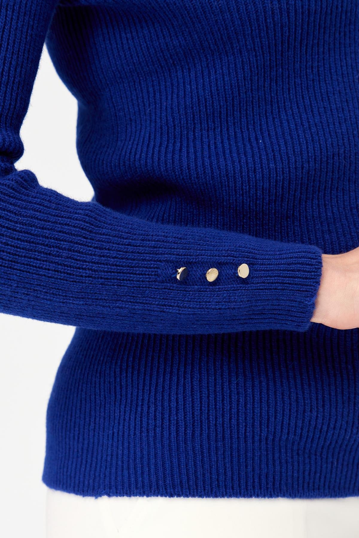 23158Kadın Sıfır Yaka Kol Ucu Düğmeli Yün Kazak K.S.Mavi