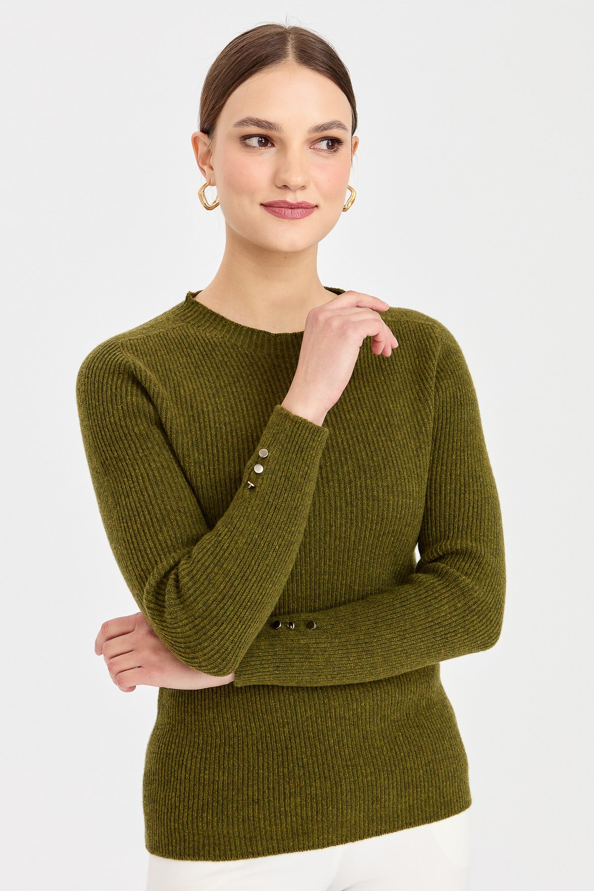 23158Kadın Sıfır Yaka Kol Ucu Düğmeli Yün Kazak A.K.Yeşili