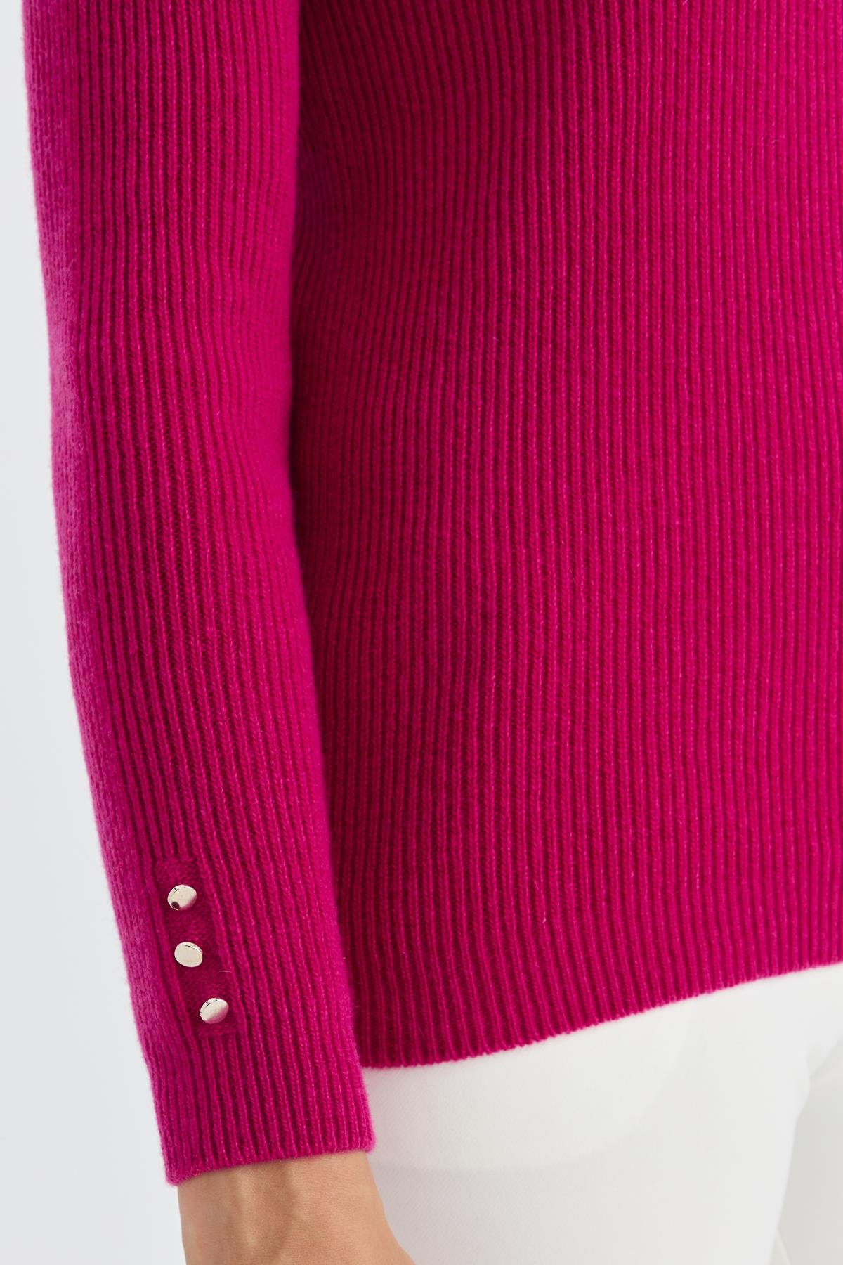 23158Kadın Sıfır Yaka Kol Ucu Düğmeli Yün Kazak Sıklamen