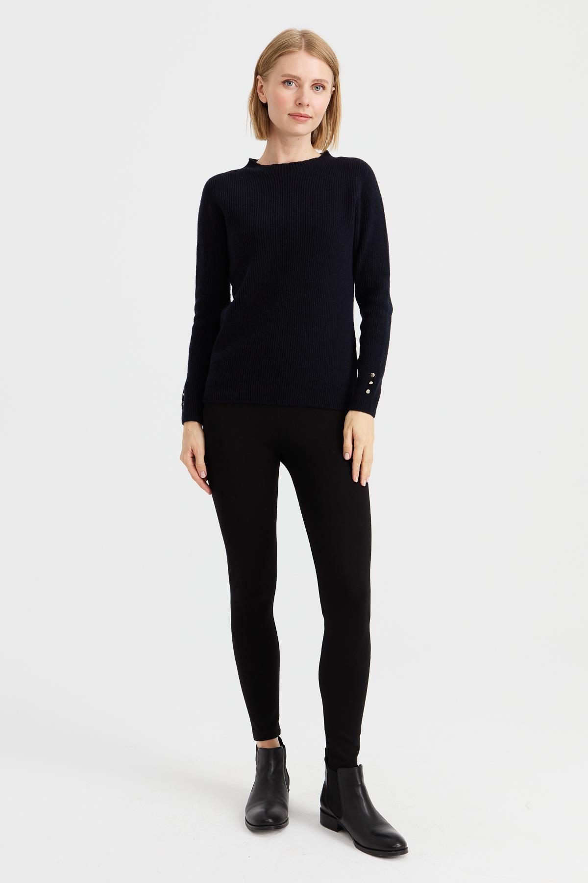 23158Kadın Sıfır Yaka Kol Ucu Düğmeli Yün Kazak K.Lacivert