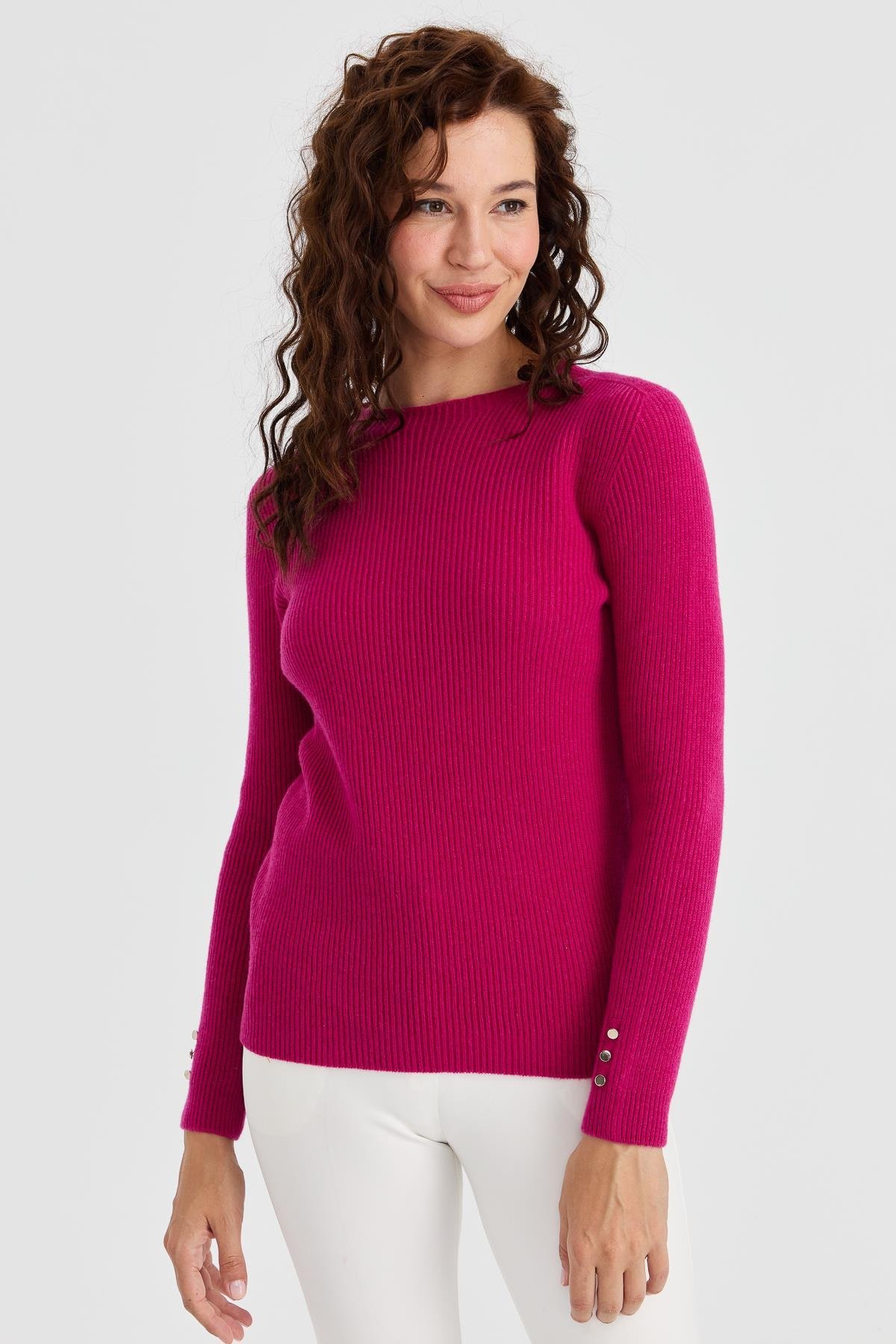 23158Kadın Sıfır Yaka Kol Ucu Düğmeli Yün Kazak Sıklamen