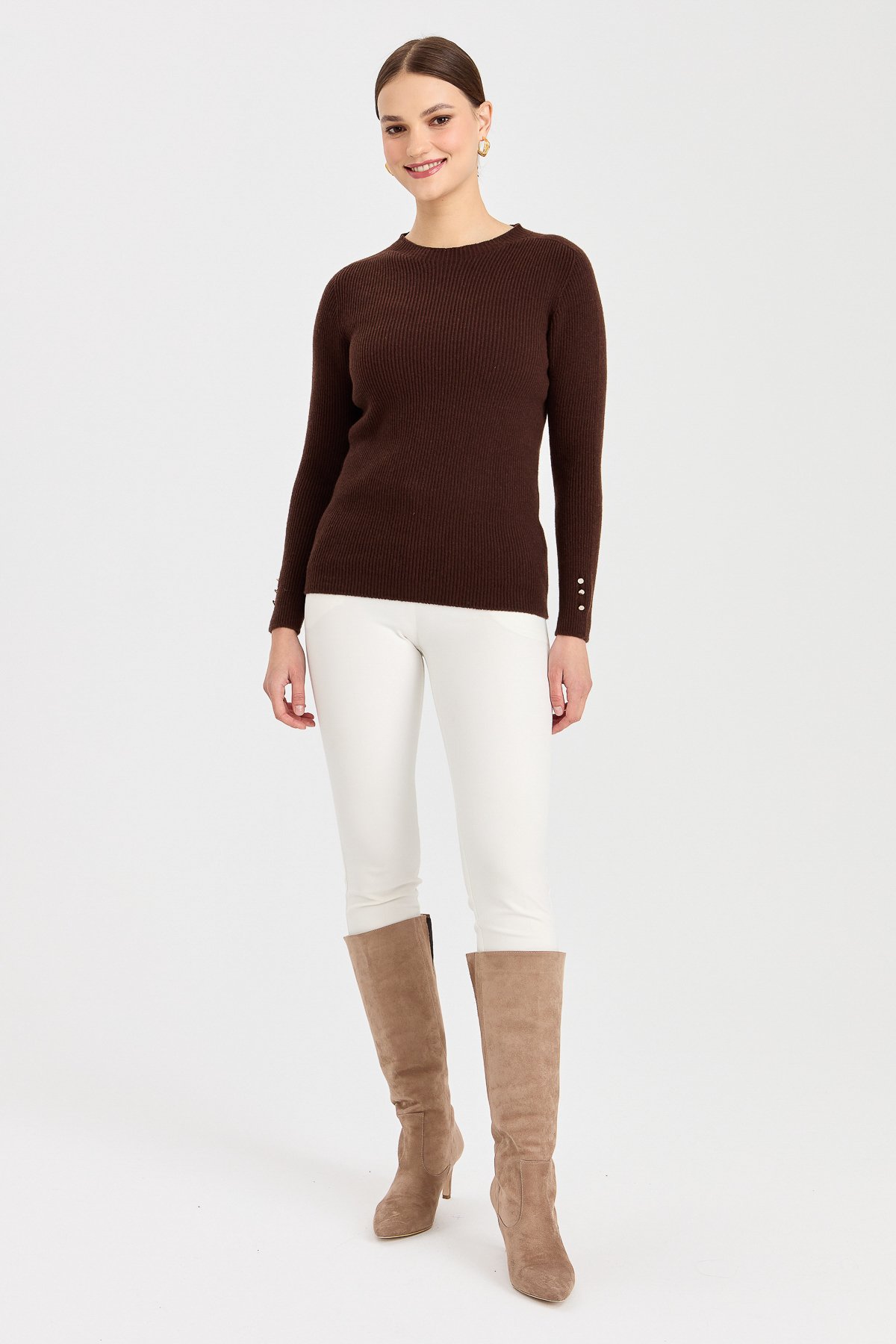 23158Kadın Sıfır Yaka Kol Ucu Düğmeli Yün Kazak M.Kahve