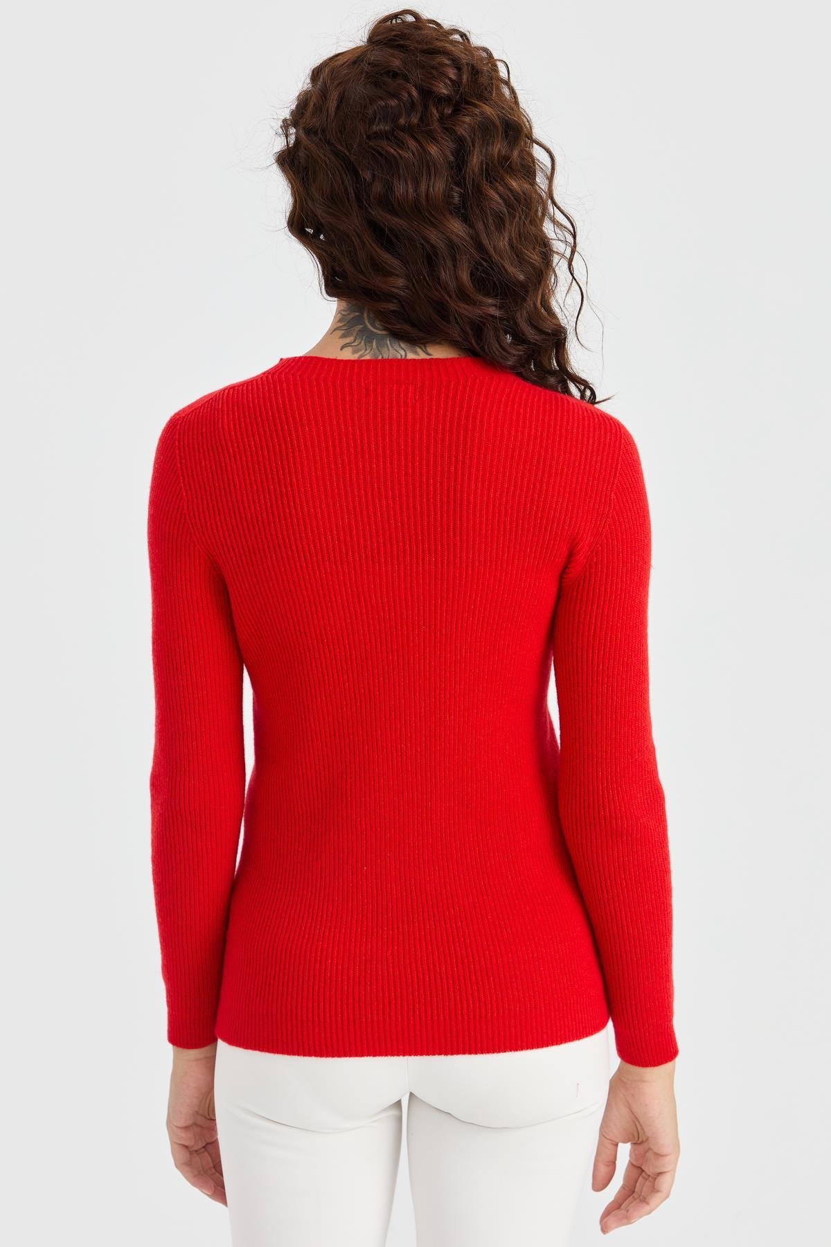 23158Kadın Sıfır Yaka Kol Ucu Düğmeli Yün Kazak Mercan