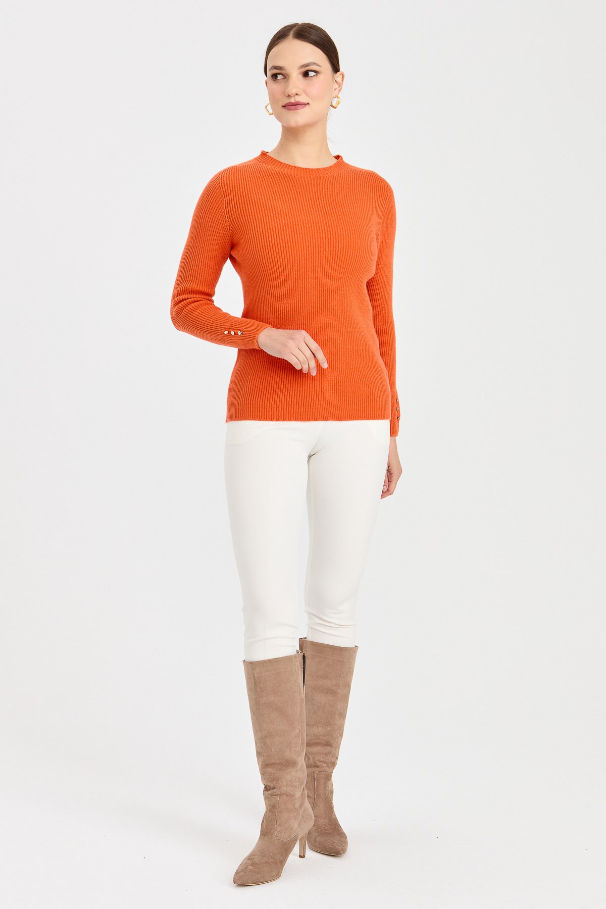 23158Kadın Sıfır Yaka Kol Ucu Düğmeli Yün Kazak Portakal