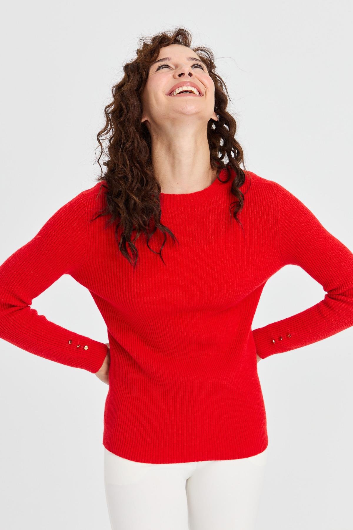 23158Kadın Sıfır Yaka Kol Ucu Düğmeli Yün Kazak Mercan