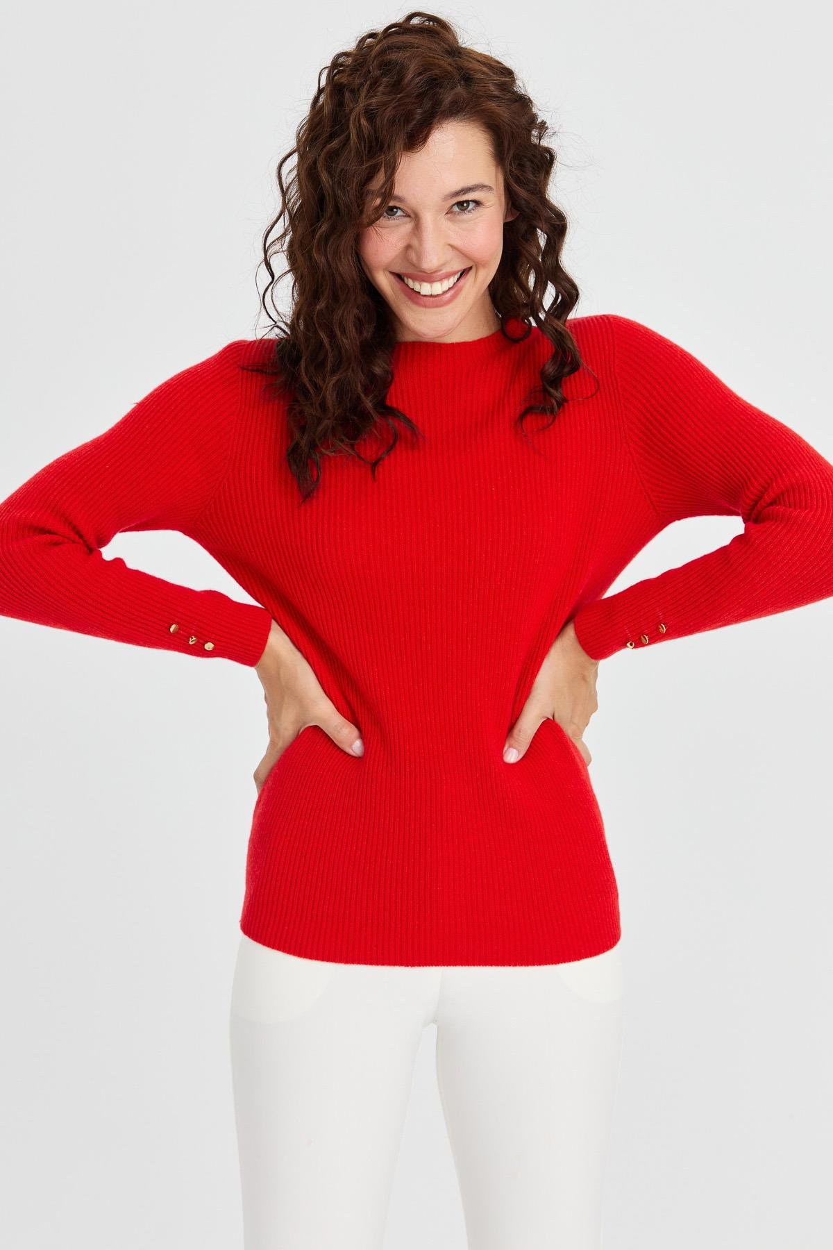 23158Kadın Sıfır Yaka Kol Ucu Düğmeli Yün Kazak Mercan