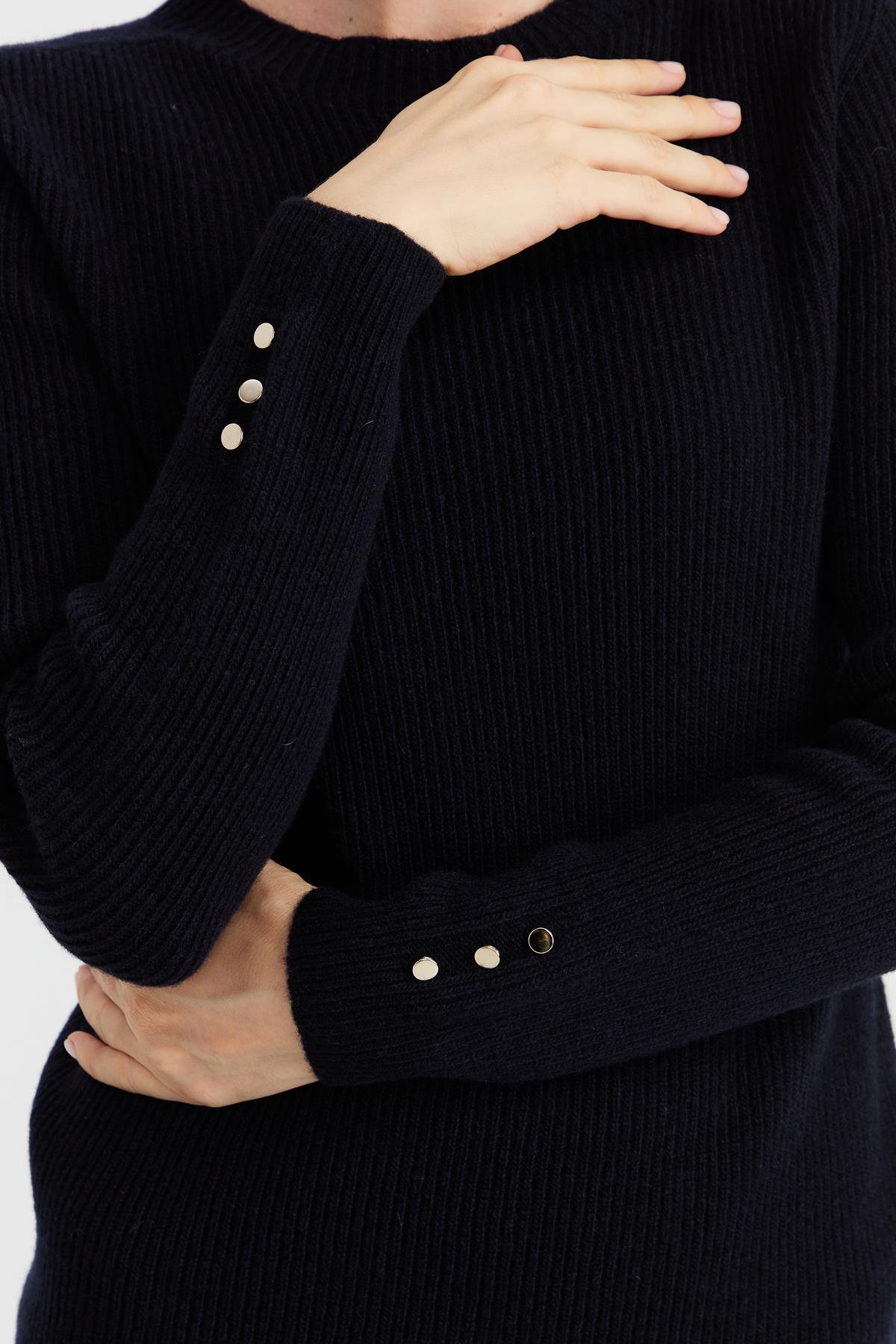 23158Kadın Sıfır Yaka Kol Ucu Düğmeli Yün Kazak K.Lacivert