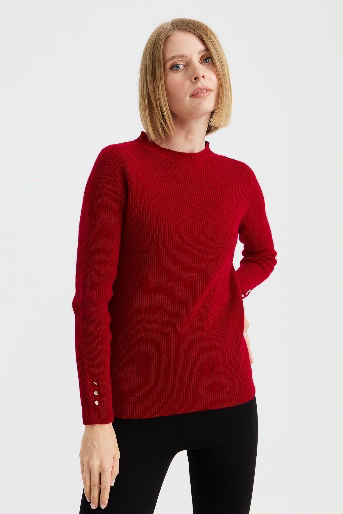 23158Kadın Sıfır Yaka Kol Ucu Düğmeli Yün Kazak K.Kırmızı