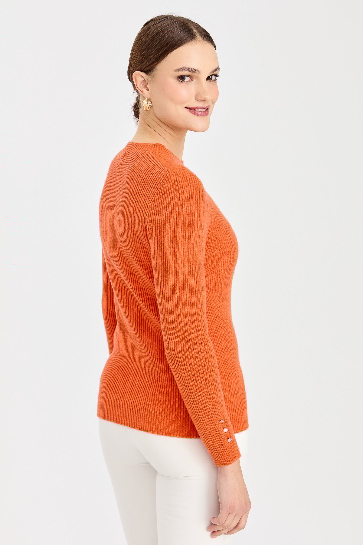 23158Kadın Sıfır Yaka Kol Ucu Düğmeli Yün Kazak Portakal