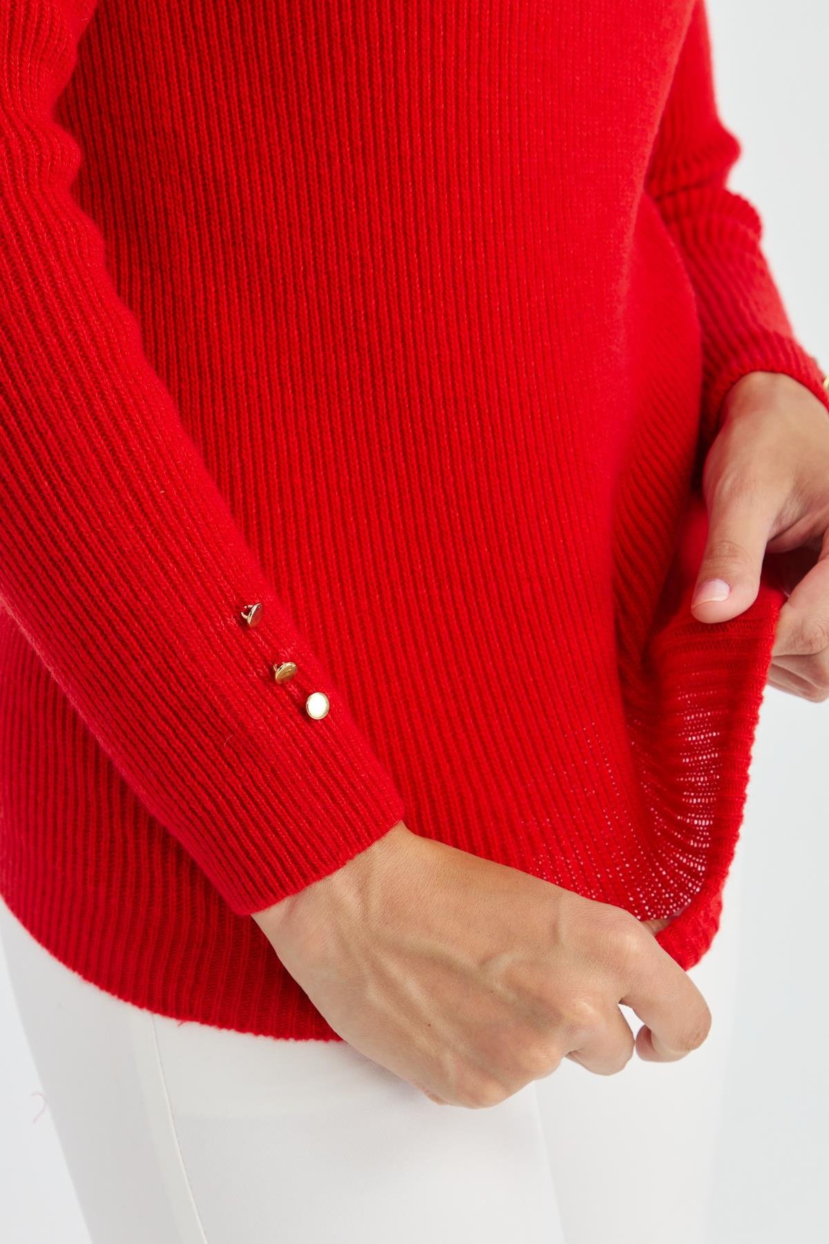 23158Kadın Sıfır Yaka Kol Ucu Düğmeli Yün Kazak Mercan