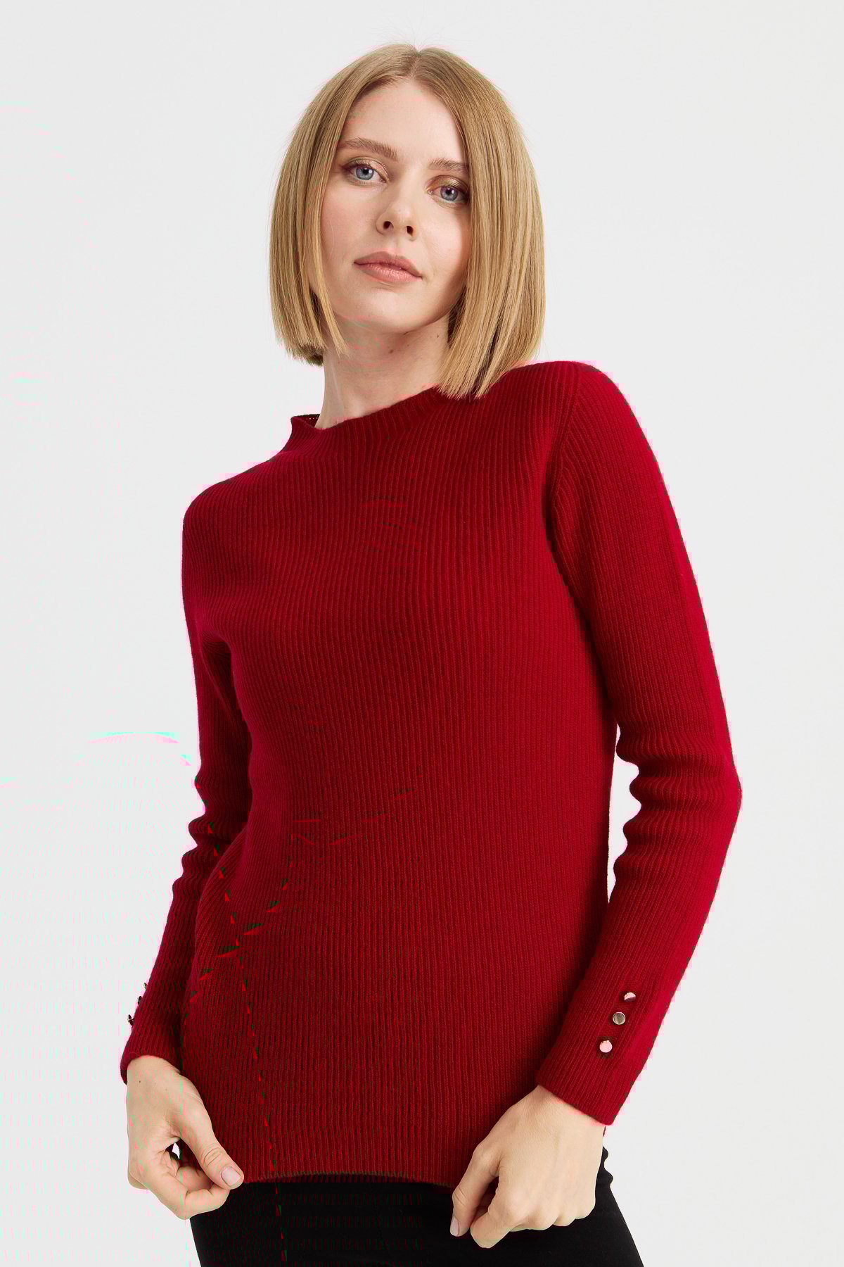 23158Kadın Sıfır Yaka Kol Ucu Düğmeli Yün Kazak K.Kırmızı