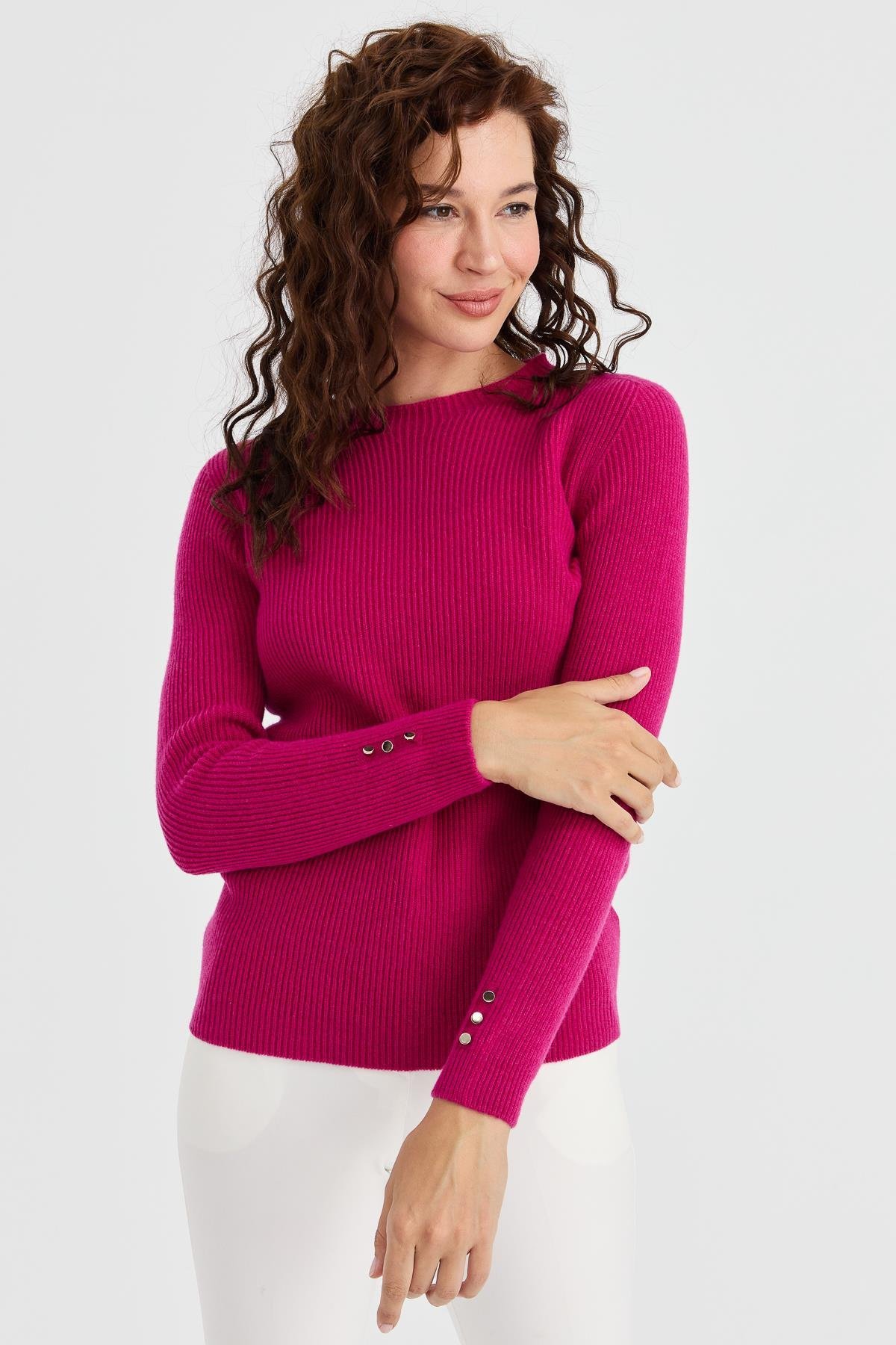 23158Kadın Sıfır Yaka Kol Ucu Düğmeli Yün Kazak Sıklamen