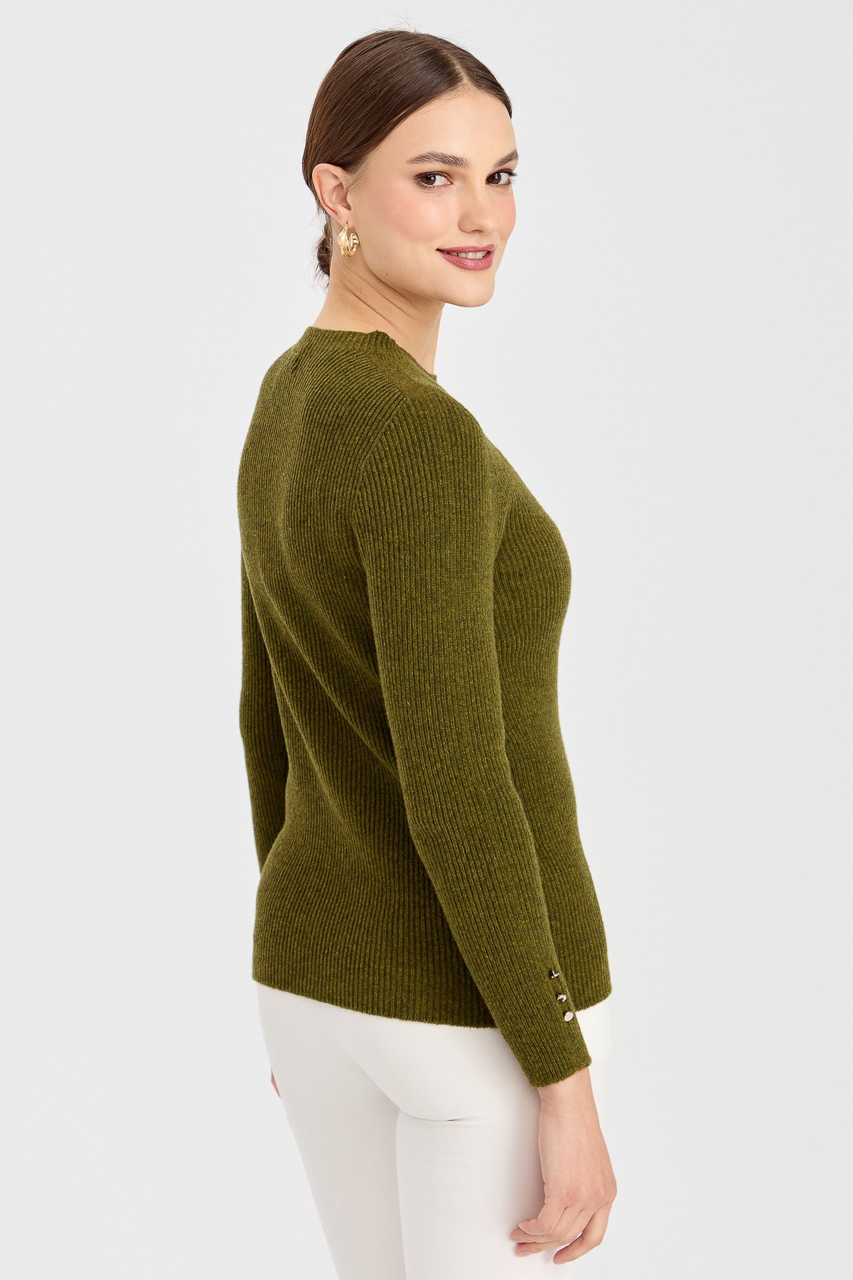 23158Kadın Sıfır Yaka Kol Ucu Düğmeli Yün Kazak A.K.Yeşili