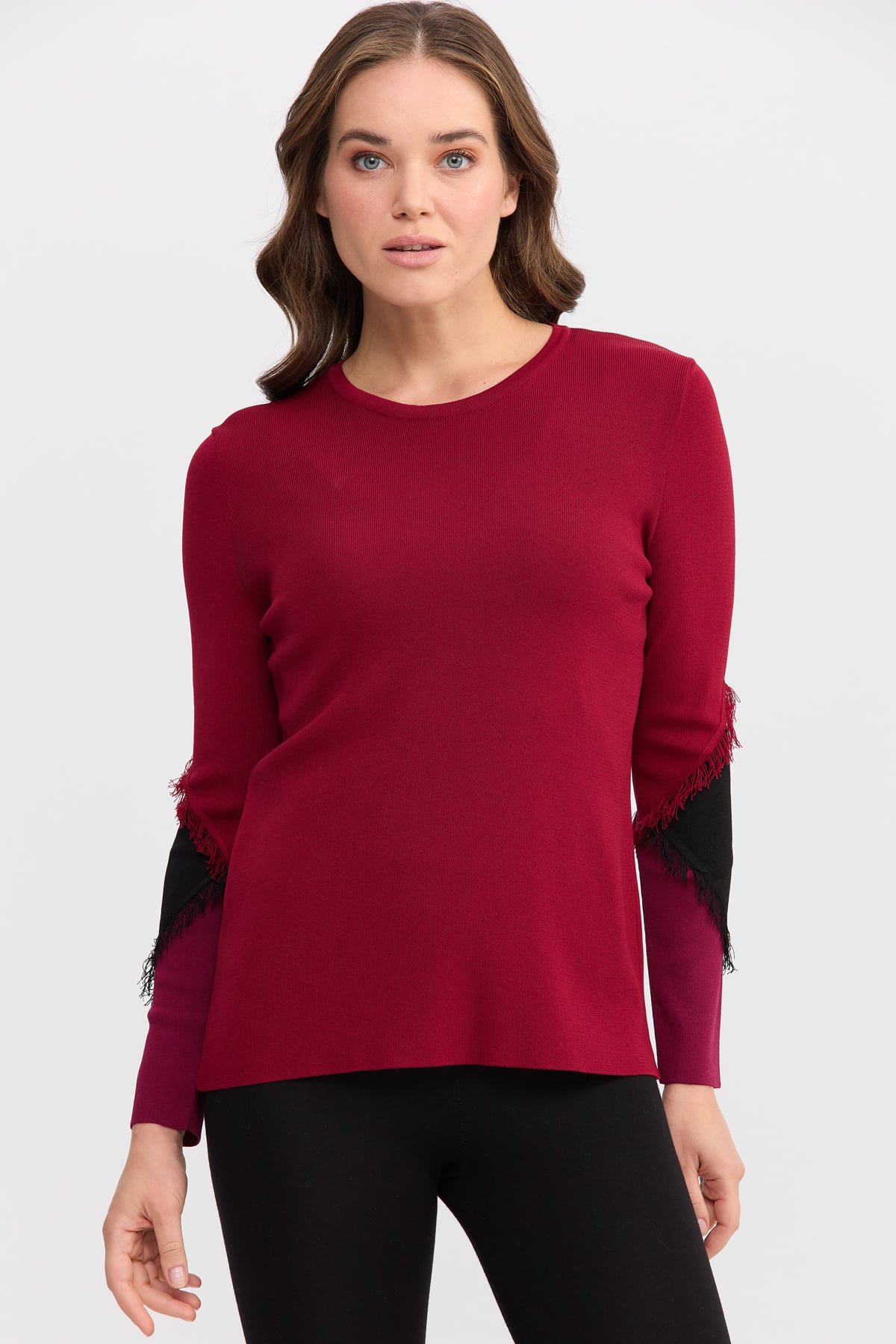 8351Kadın Sıfır Yaka Kolları Püsküllü Bluz Bordo