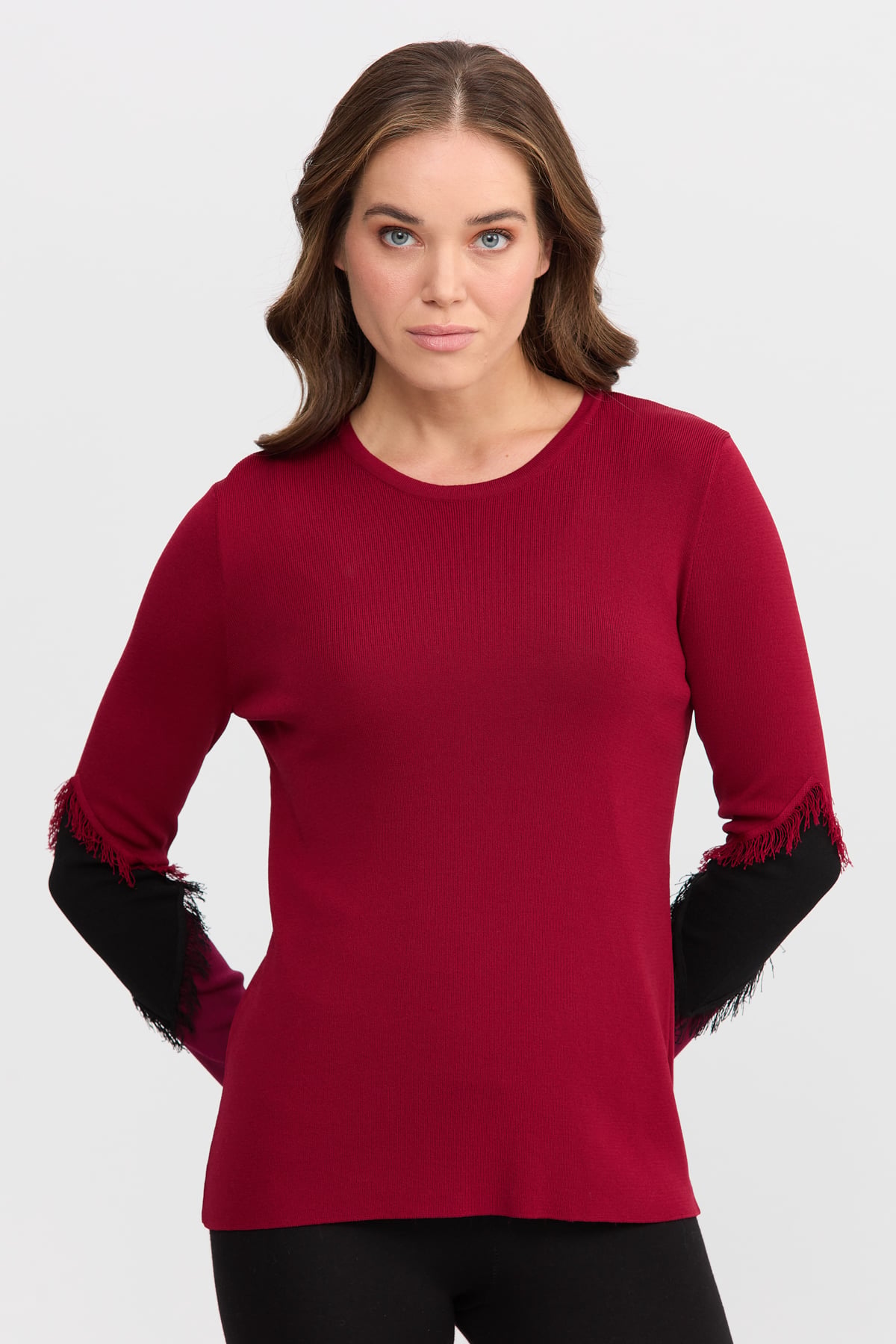 8351Kadın Sıfır Yaka Kolları Püsküllü Bluz Bordo