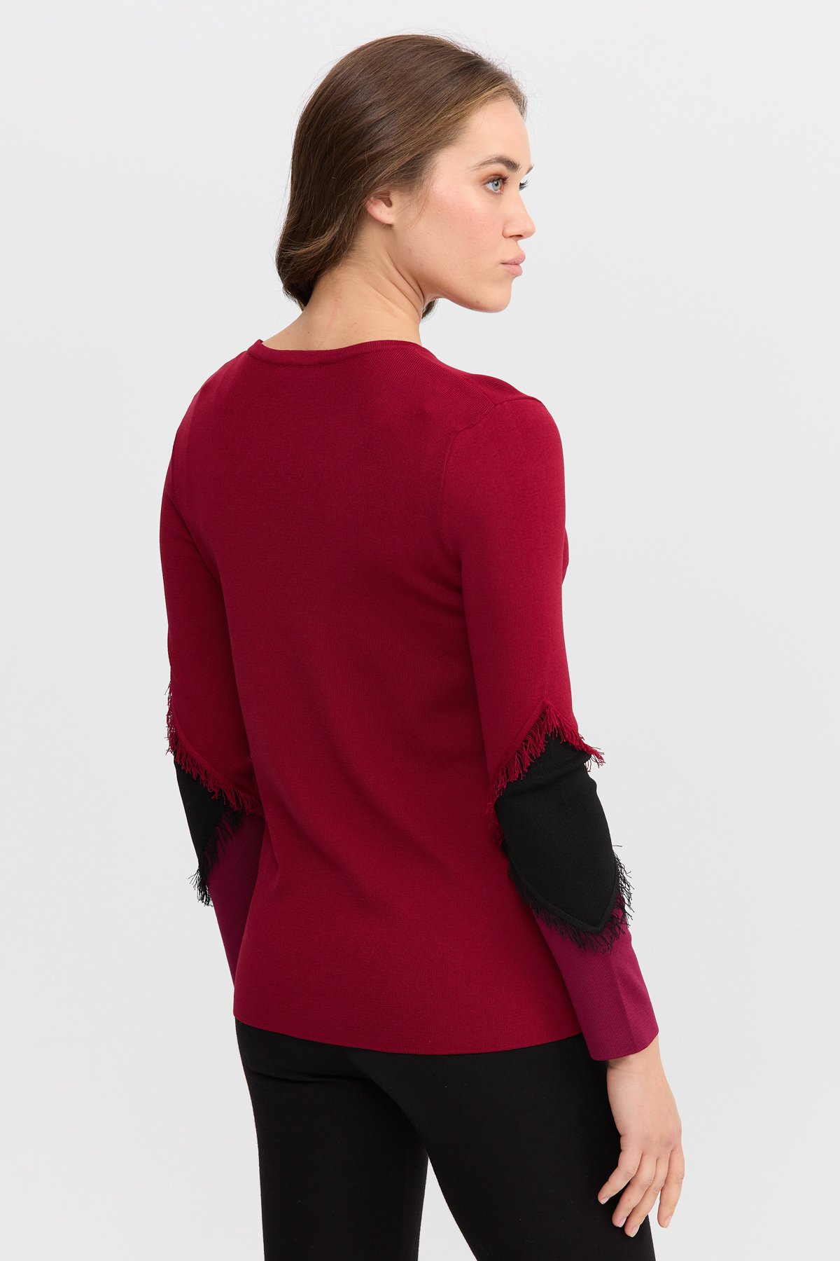 8351Kadın Sıfır Yaka Kolları Püsküllü Bluz Bordo