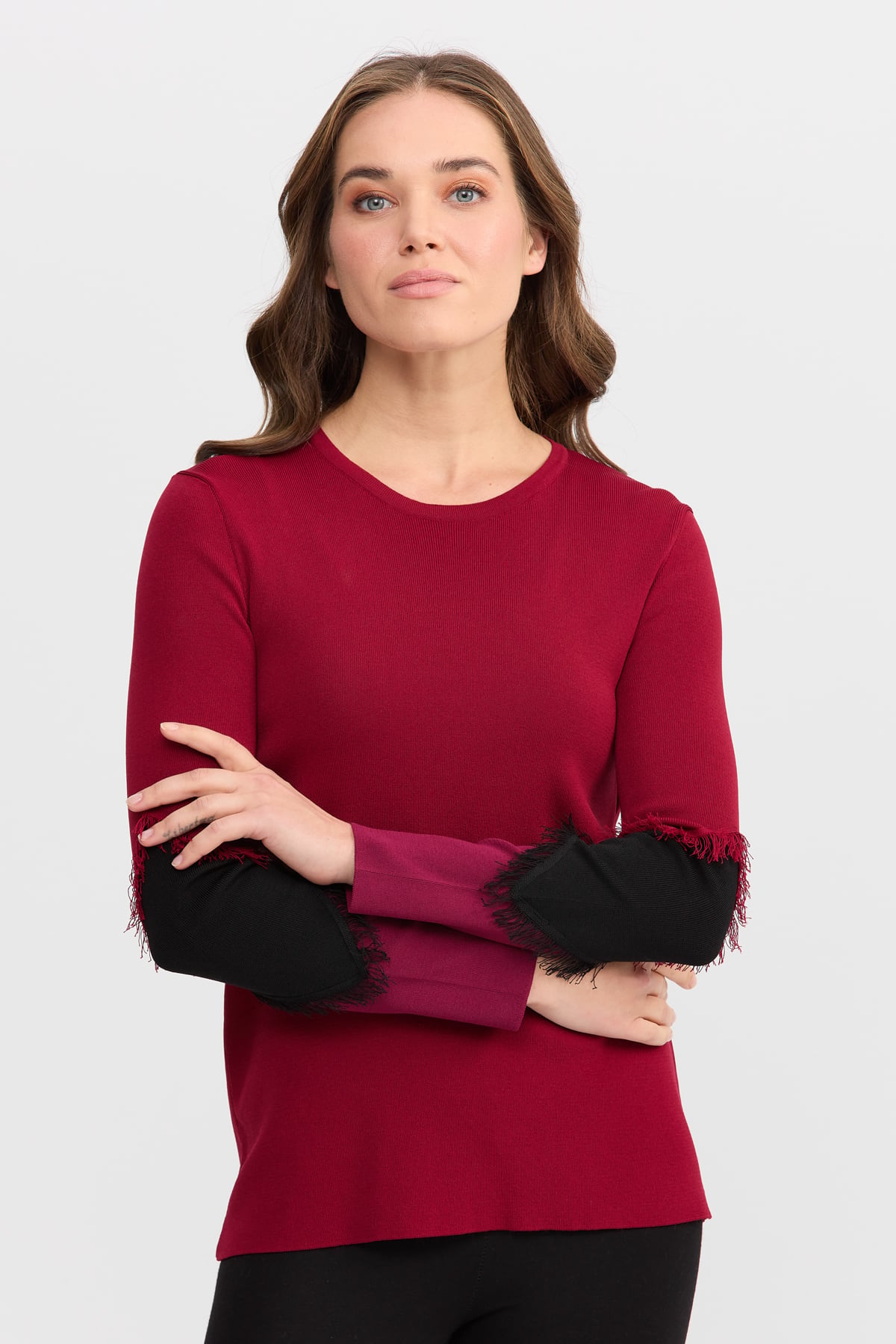 8351Kadın Sıfır Yaka Kolları Püsküllü Bluz Bordo